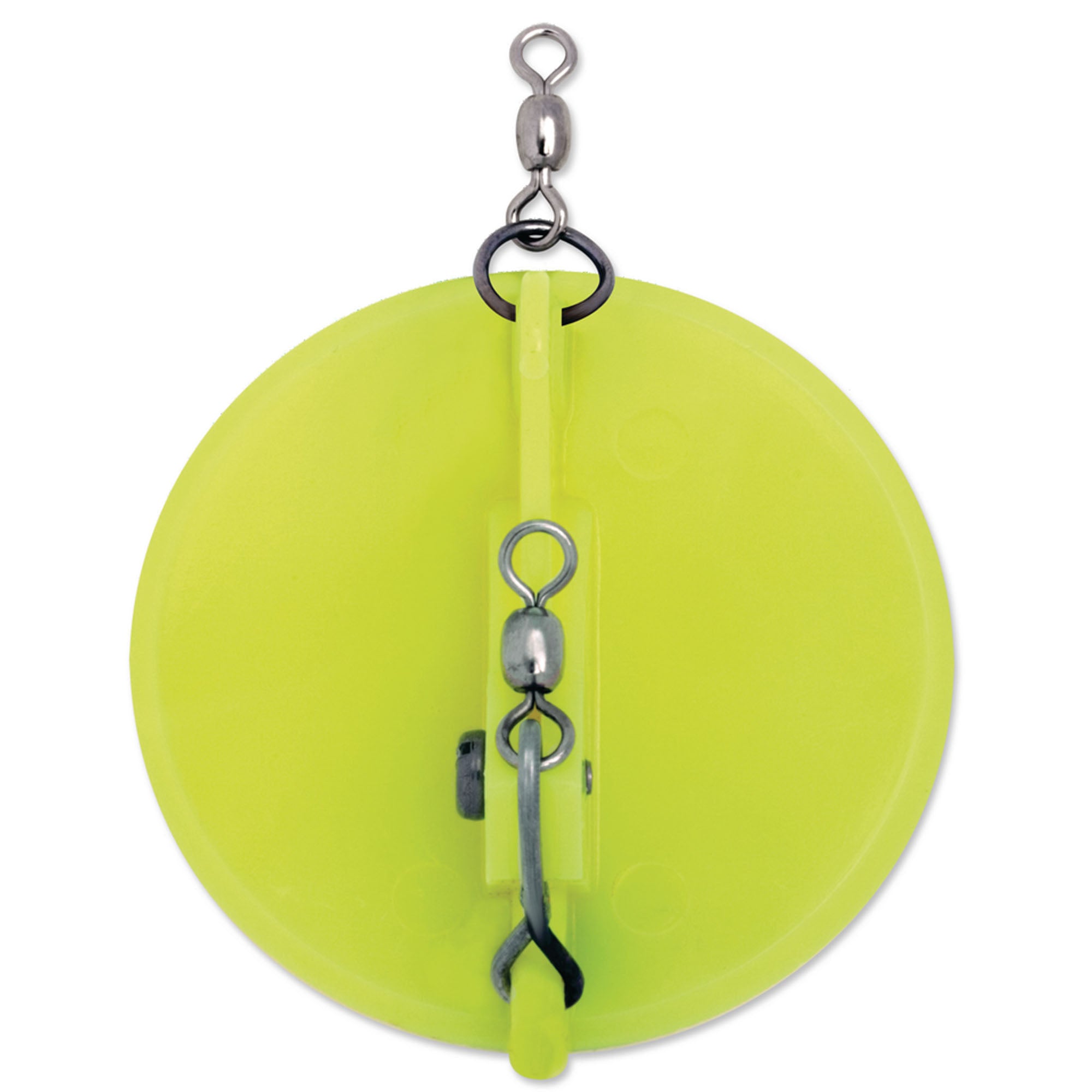 Yellow fishing float with metal swivel and hook on a white background