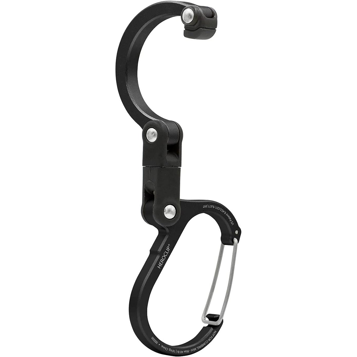 Black carabiner with a spring clip on a white background