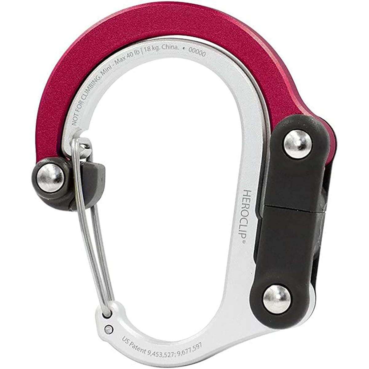 Red and silver carabiner with black clip on a white background