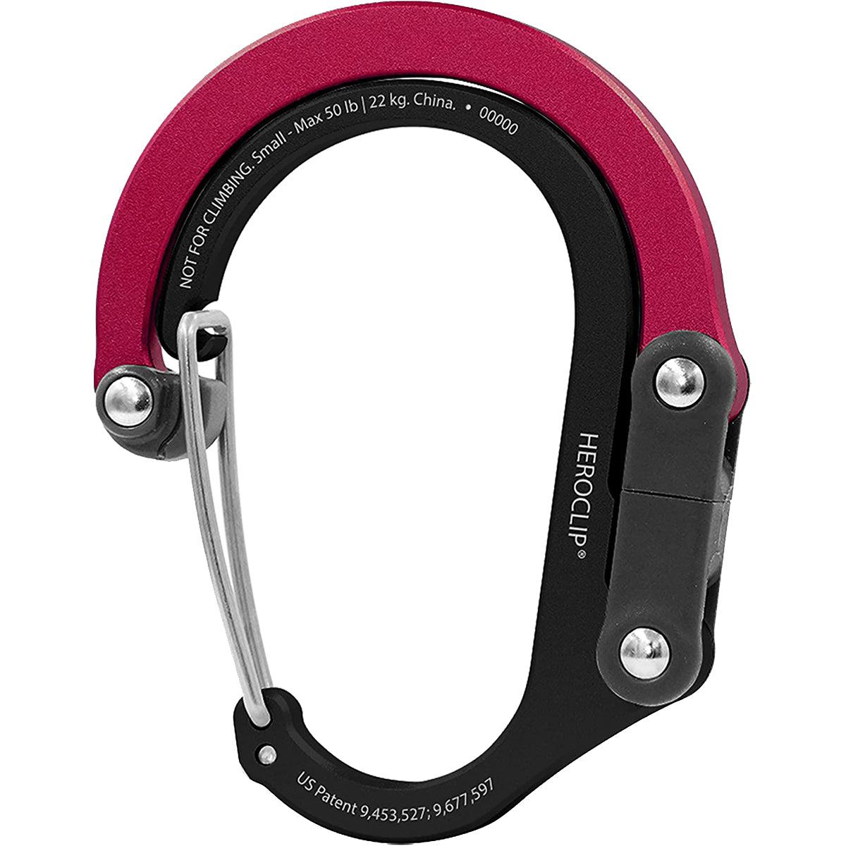 Red and black carabiner with 'HeroClip' branding on a white background