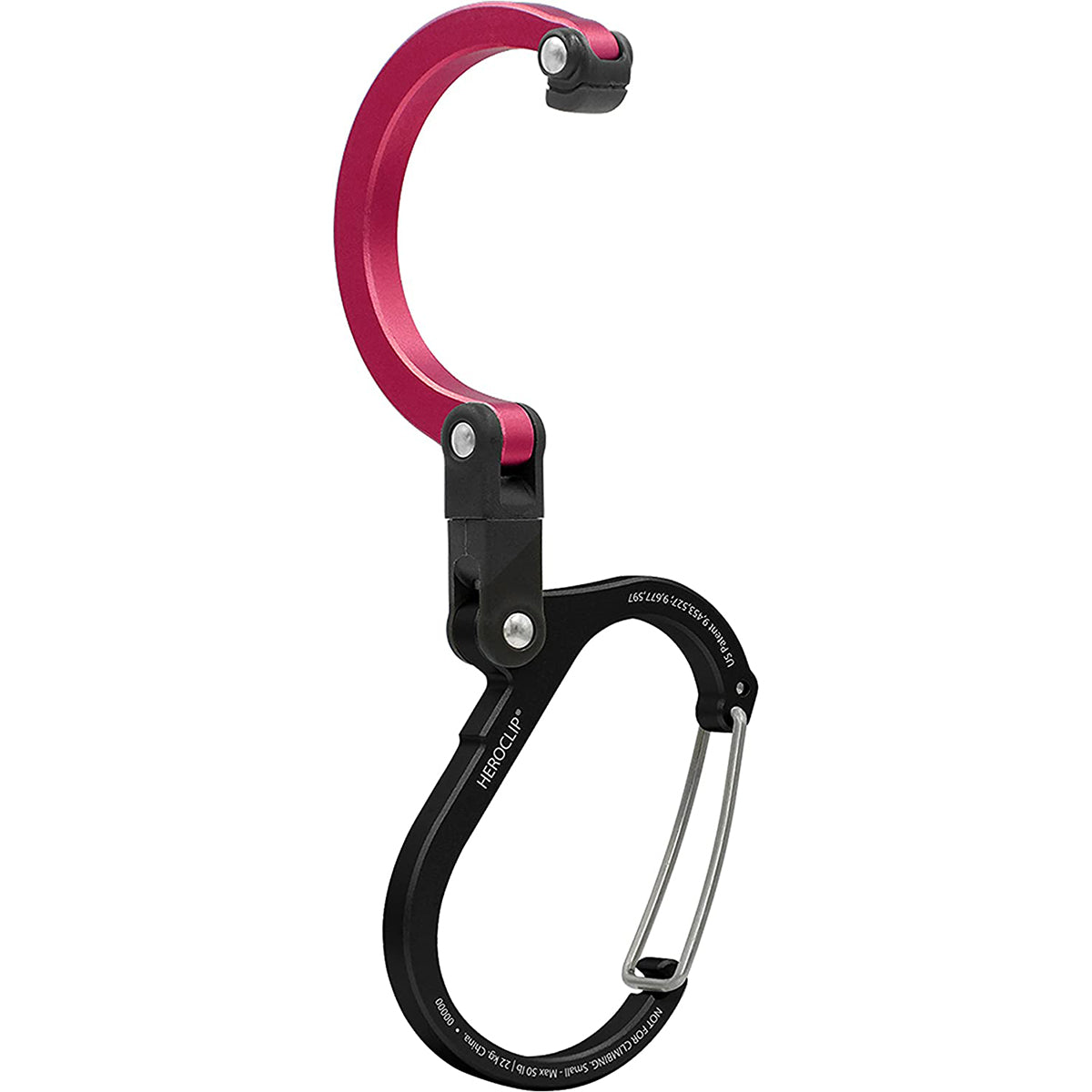 Black and pink carabiner on a white background