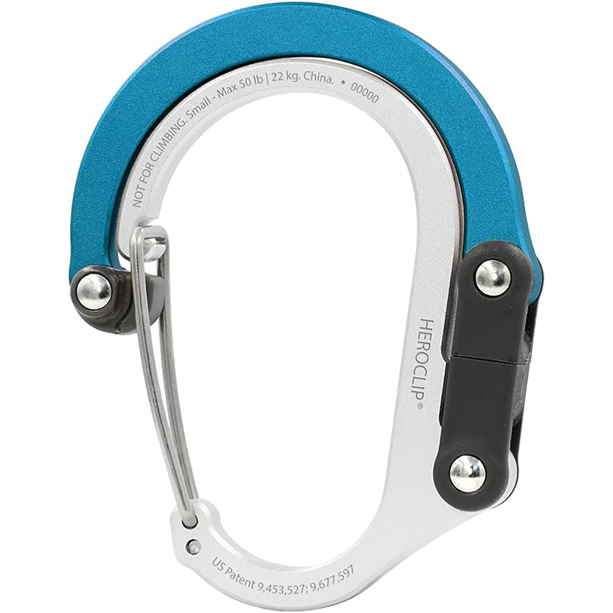 Blue and silver carabiner with 'HEROCLIP' branding on a white background