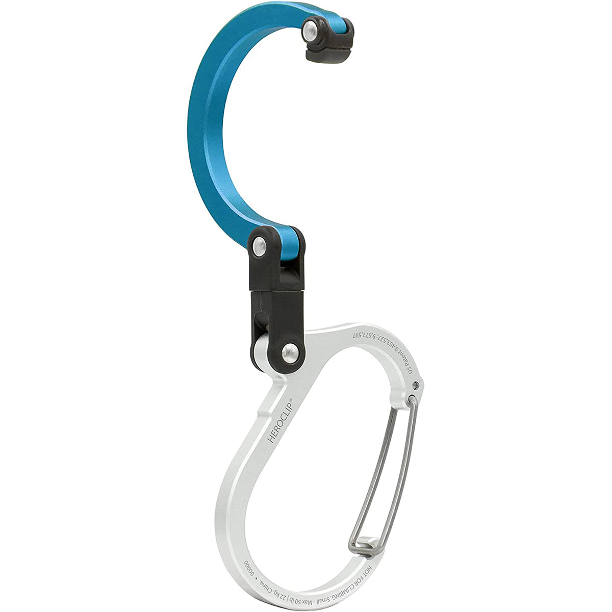 Carabiner with blue handle and silver metal clip on a white background