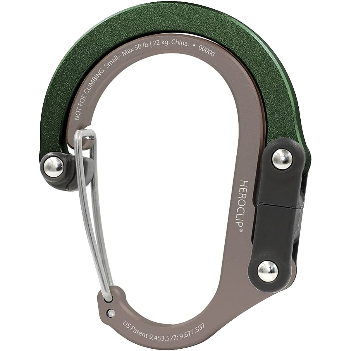 Green and gray carabiner with 'HeroClip' branding on a white background