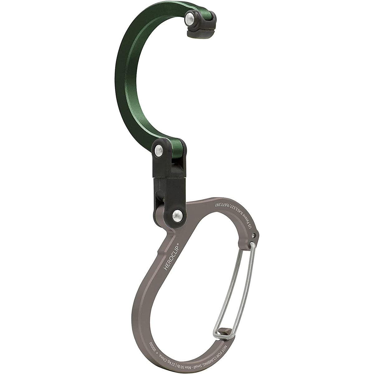 Green and gray carabiner on a white background