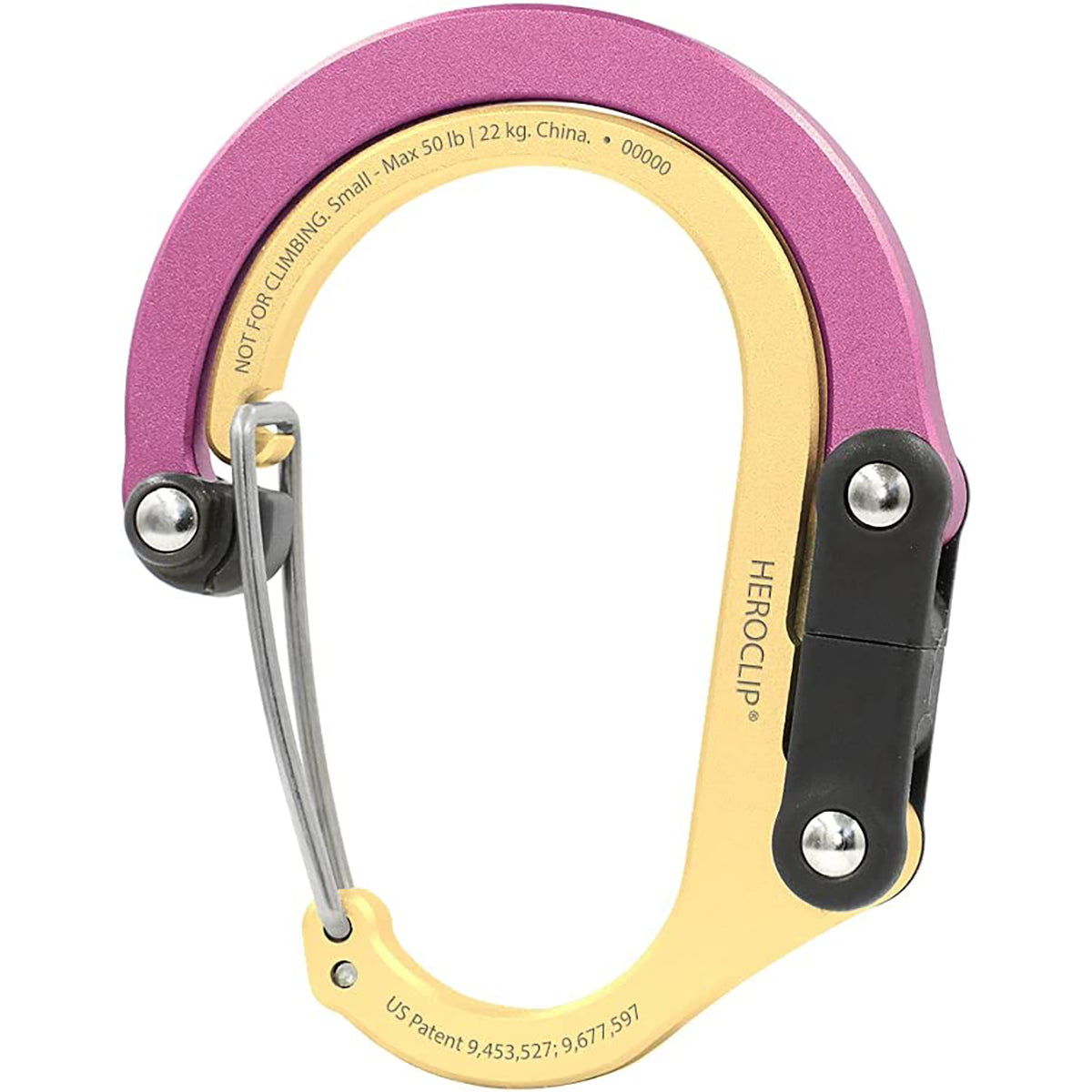 Pink and gold carabiner with 'HEROCLIP' branding on a white background