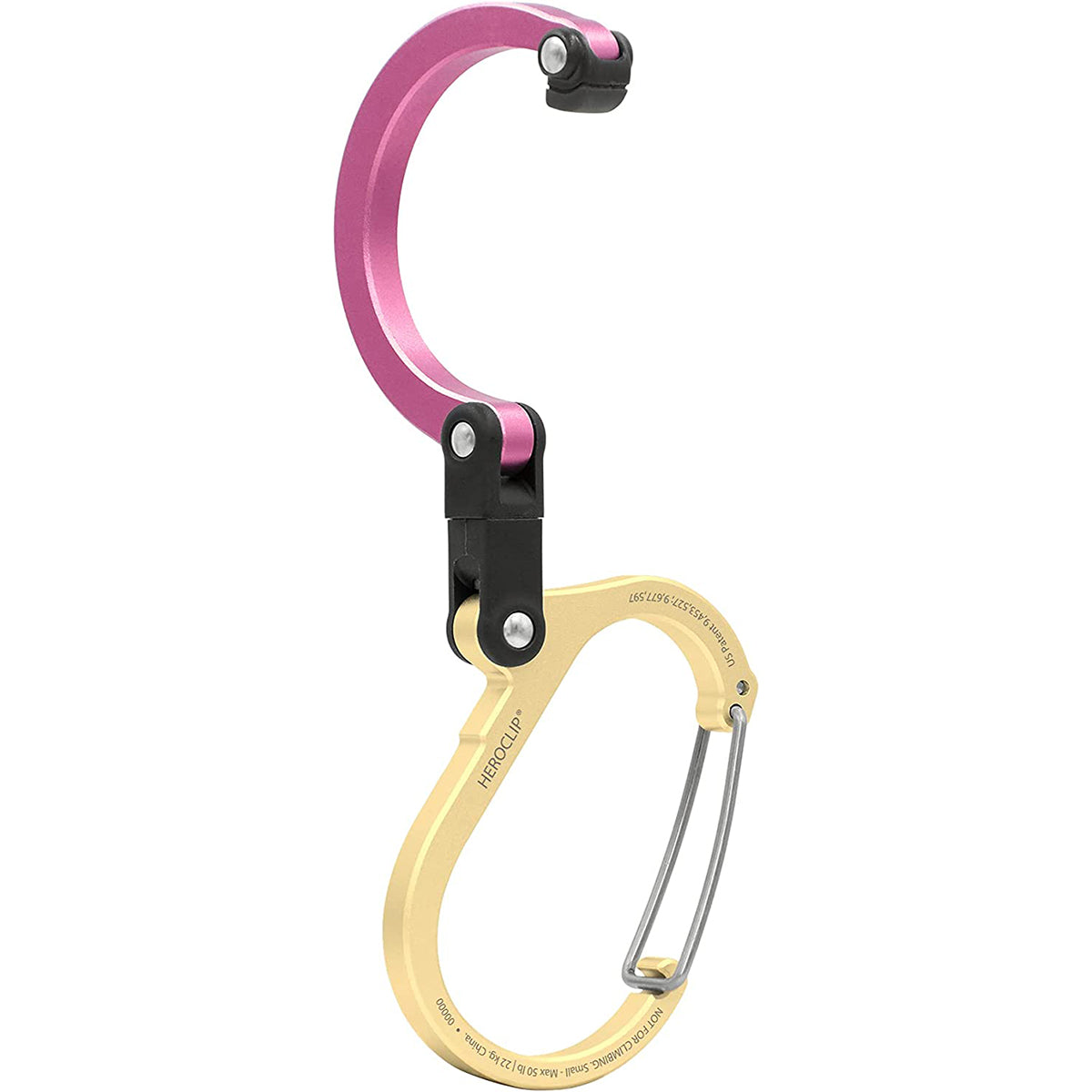 Pink and gold carabiner on a white background