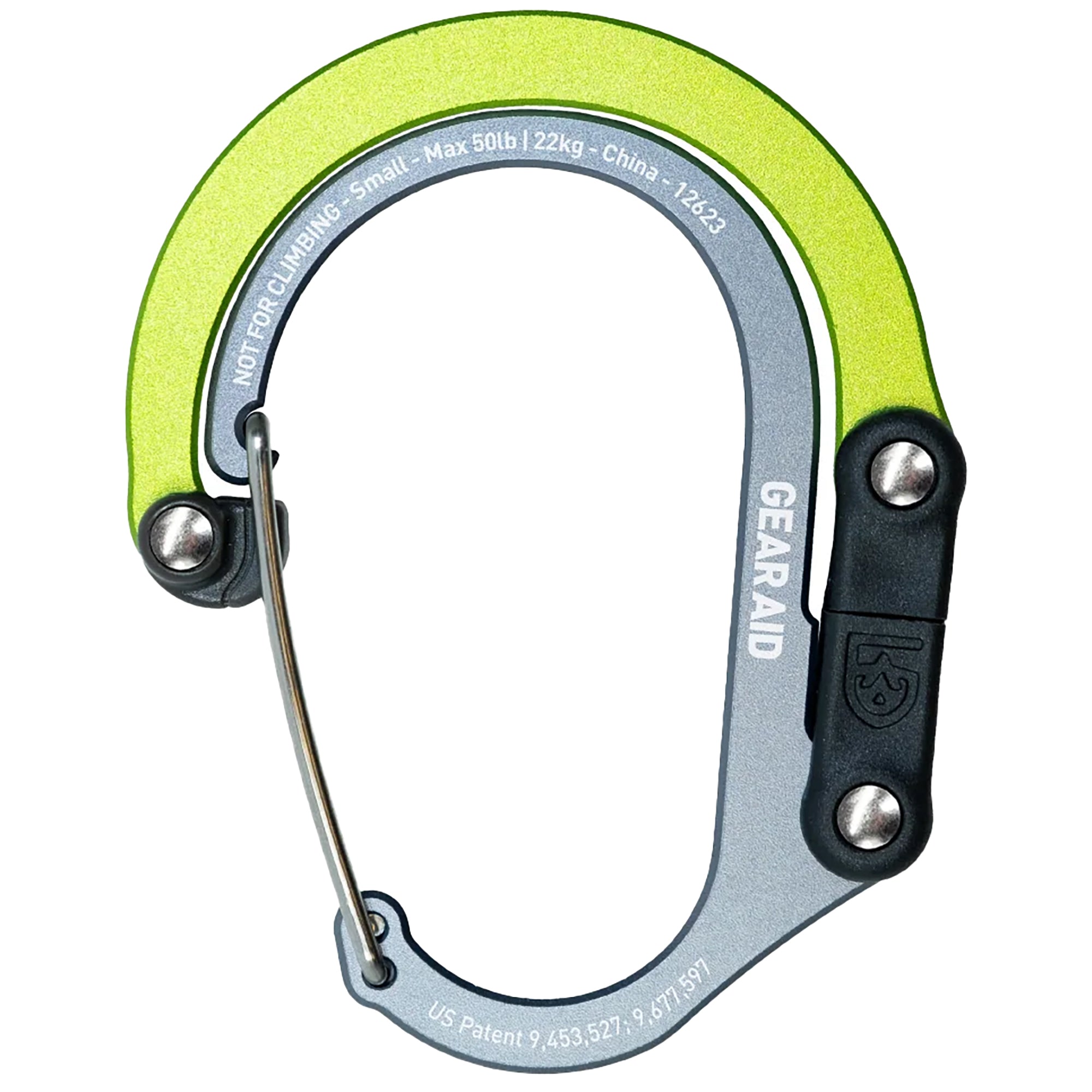 Carabiner with green and gray design on a white background