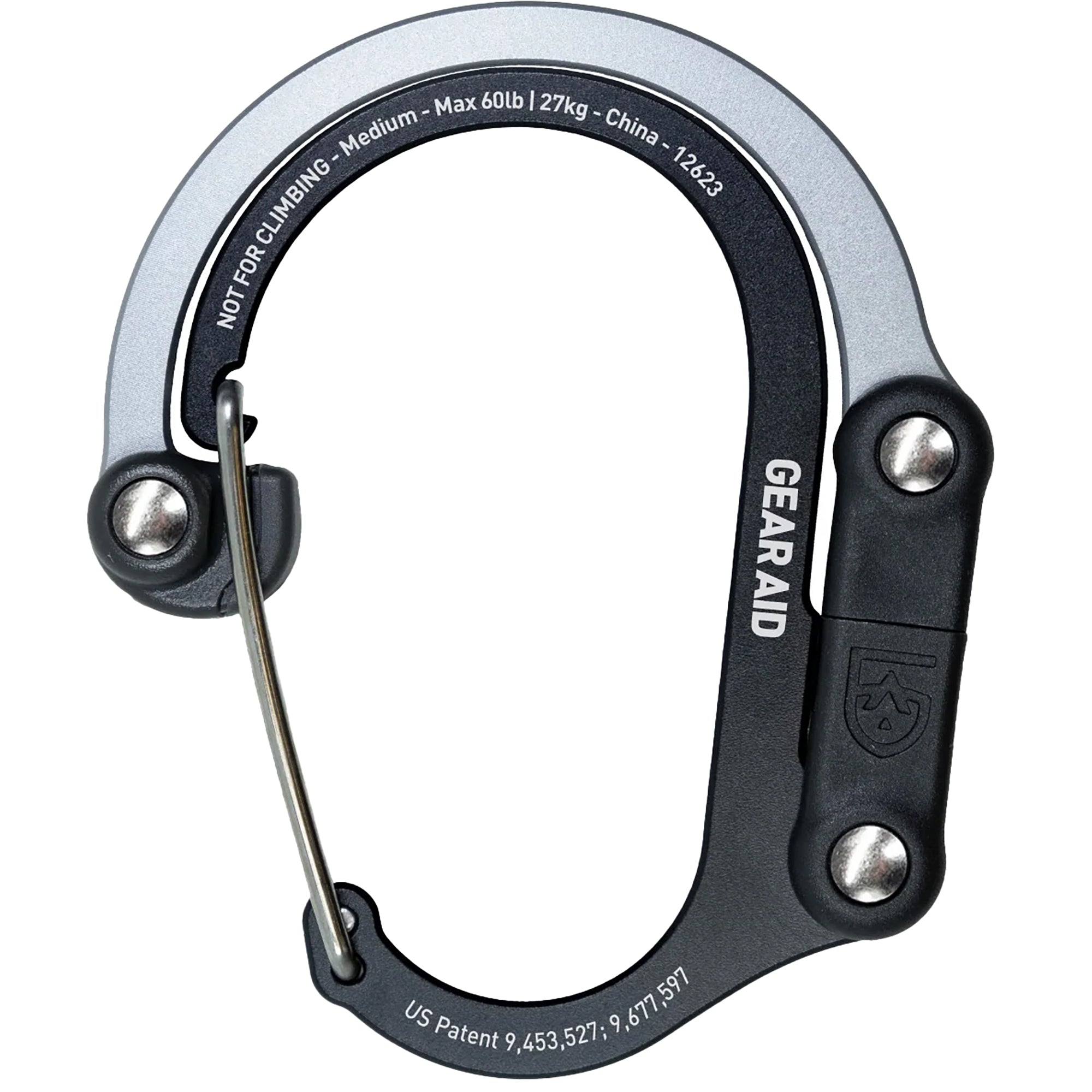 Black and silver carabiner with 'Gear Aid' branding on a white background