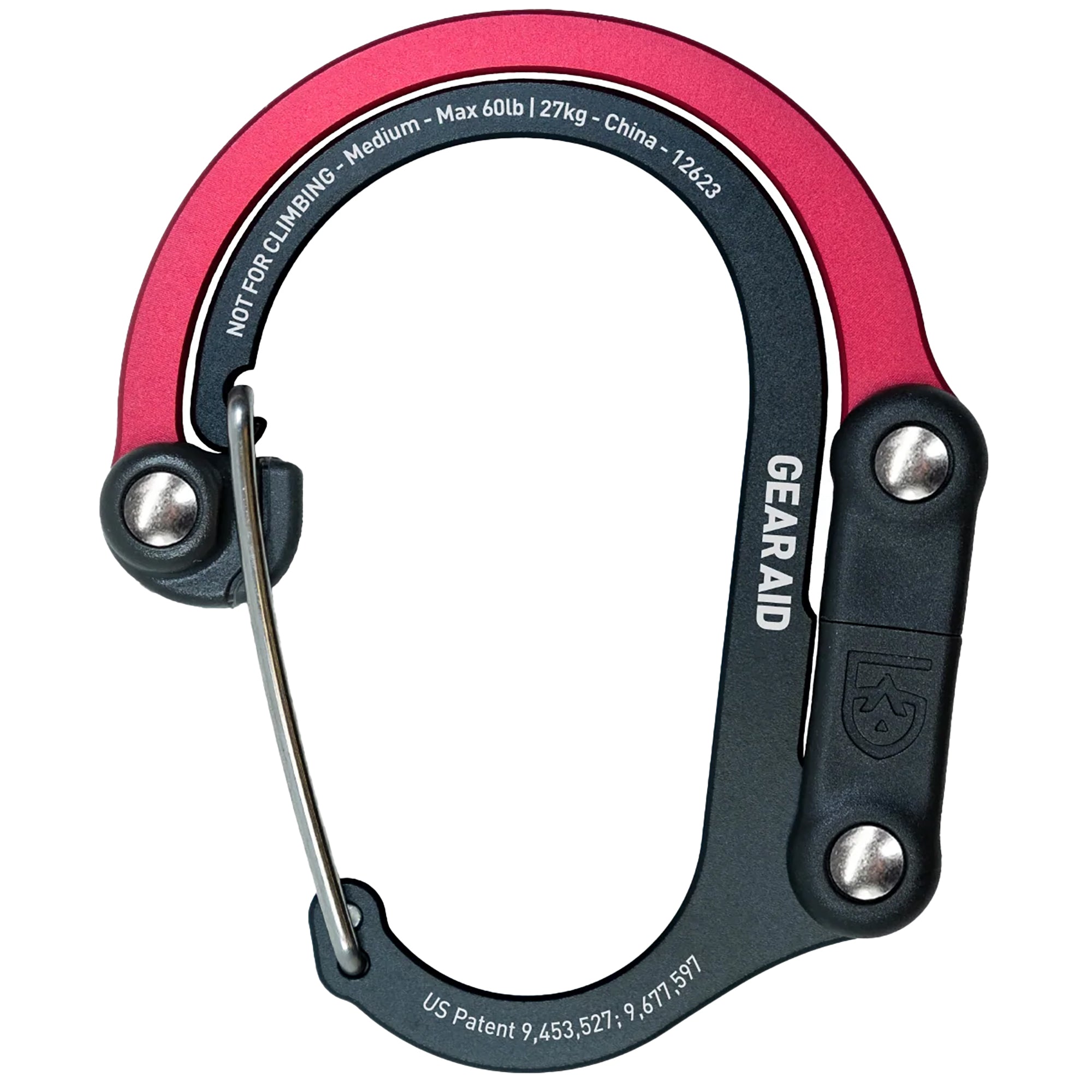 Black and red carabiner with 'Gear Aid' branding on a white background
