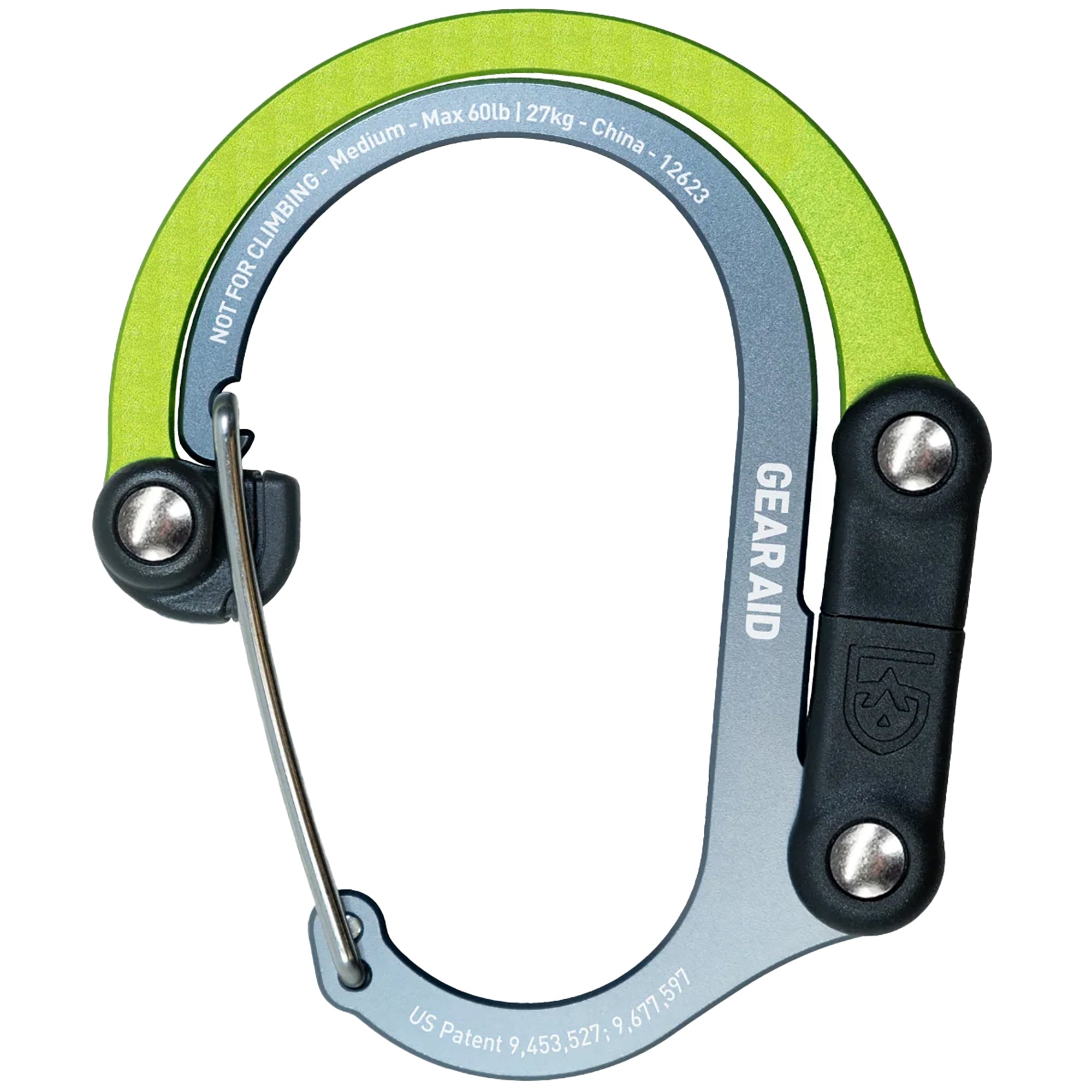 Green and gray carabiner with 'Gear Aid' branding on a white background