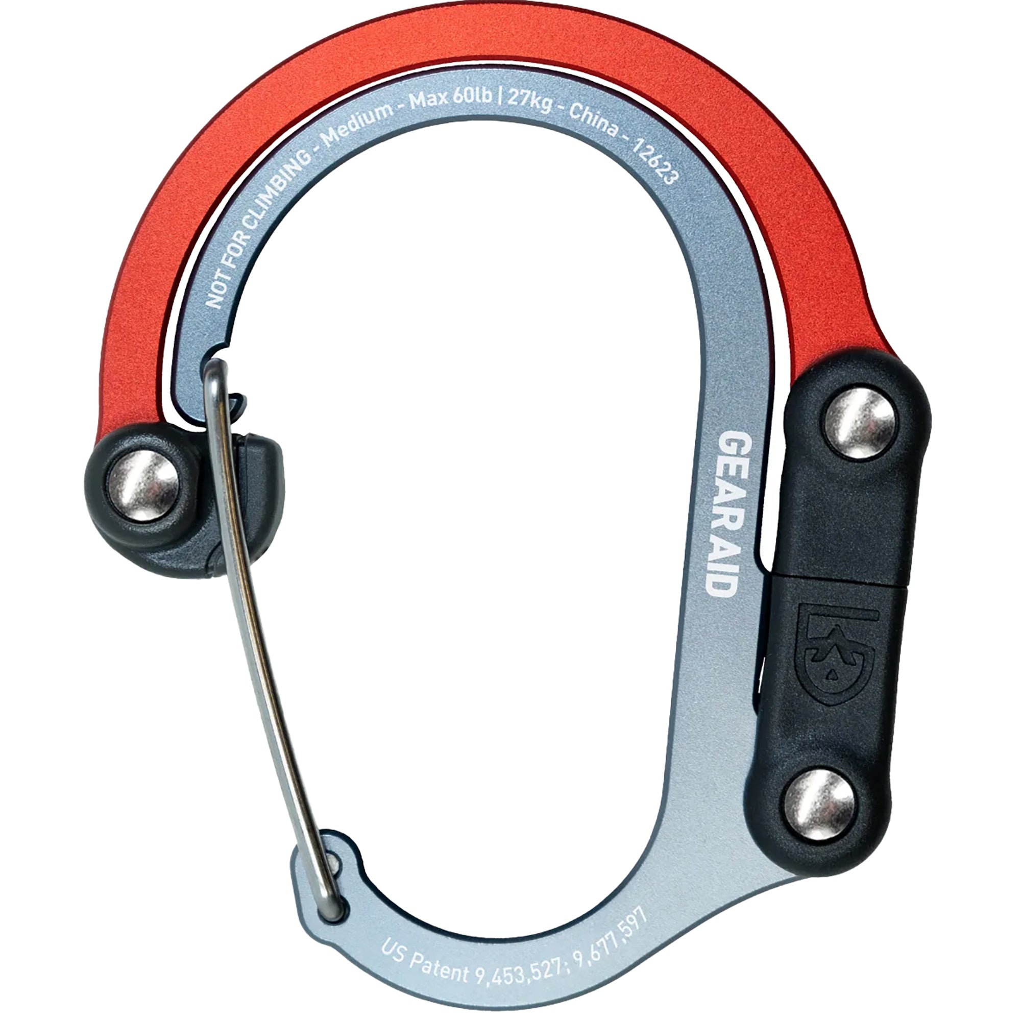 Red, gray, and black carabiner with 'Gear Aid' branding on a white background