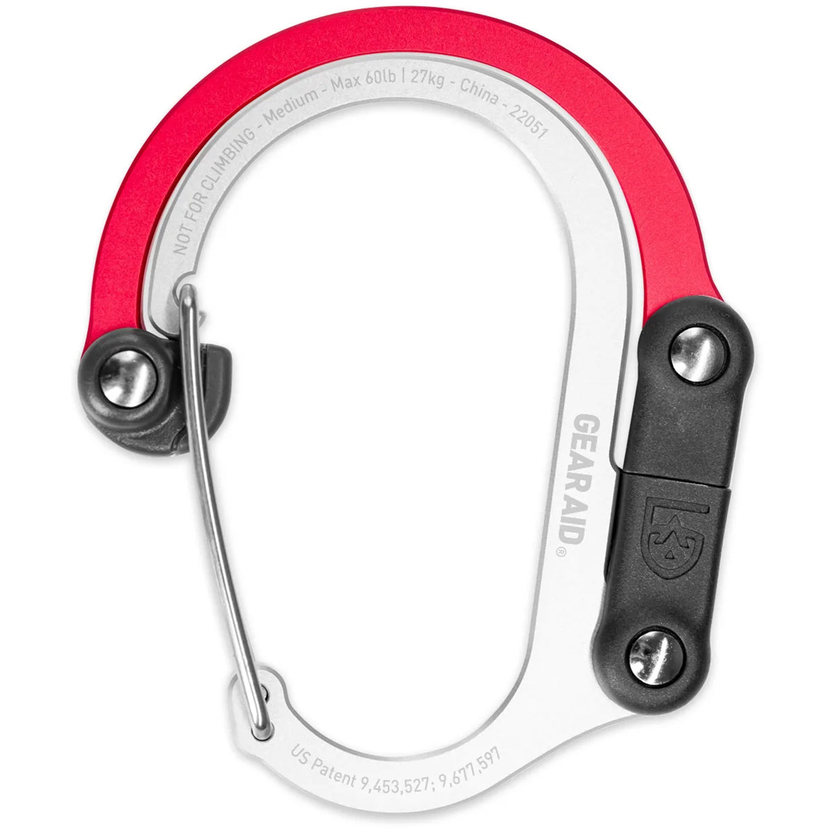 Red and black carabiner with visible branding on a white background