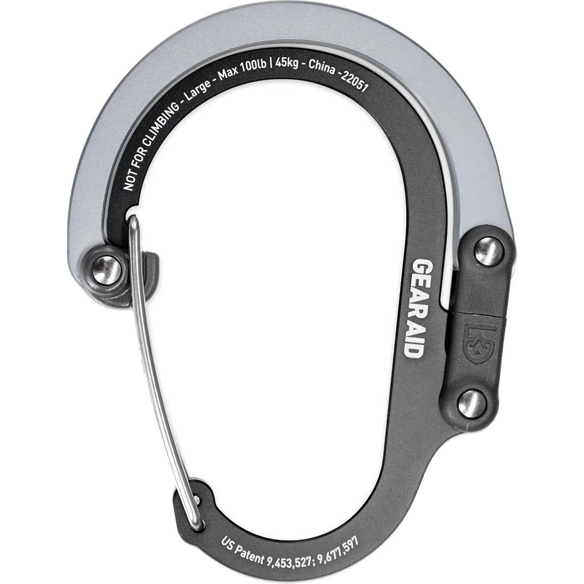Silver carabiner with 'Gear Aid' branding on a white background