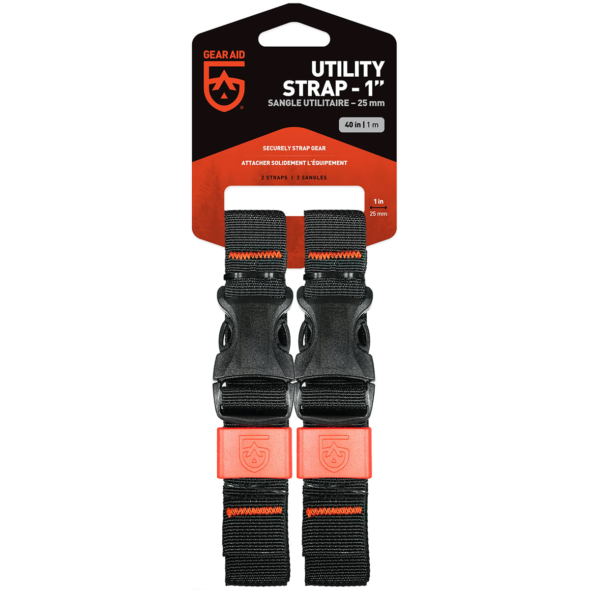 Two black utility straps with orange labels on a white background