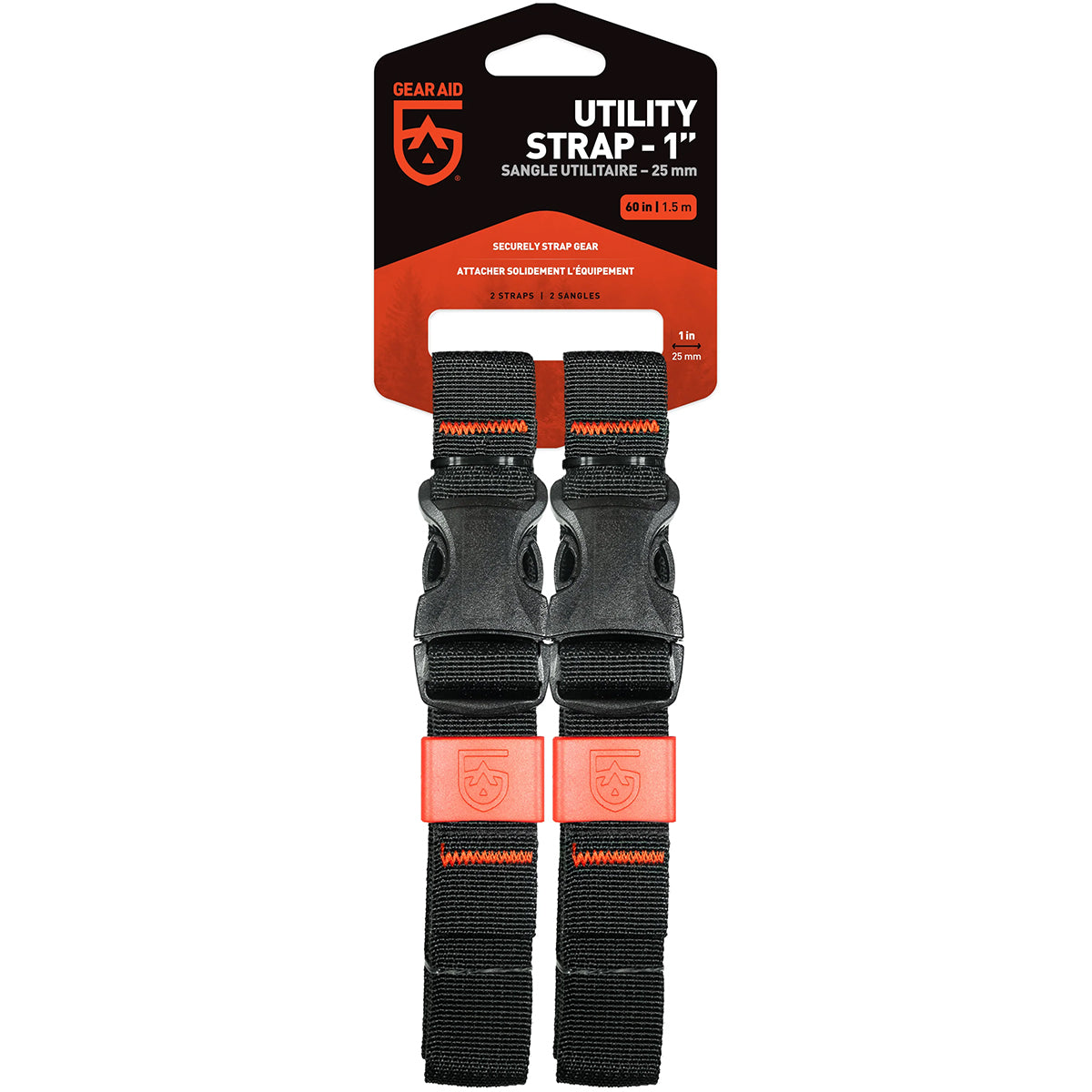 Pair of black utility straps with Gear Aid packaging on a white background