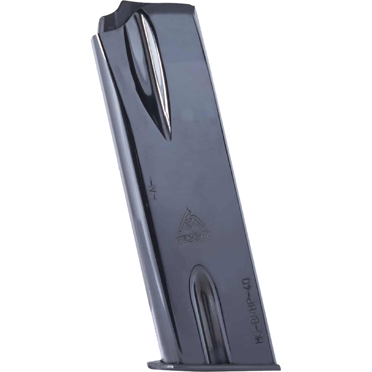 A dark gray metallic pistol magazine with a visible 'MAGNUM' logo and 'MK-FOURHP-40' text, shown on a plain white background.