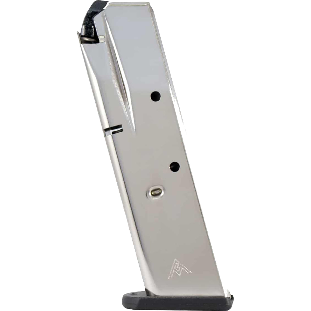 A polished silver metal 10 round magazine with a black base and a small white logo near the bottom, shown on a plain white background.