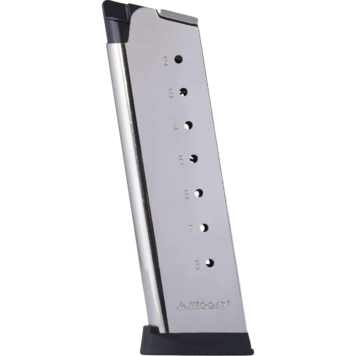 A metallic silver magazine with black plastic end caps and base, featuring engraved depth markings and the Meggear logo near the bottom, shown on a plain white background.
