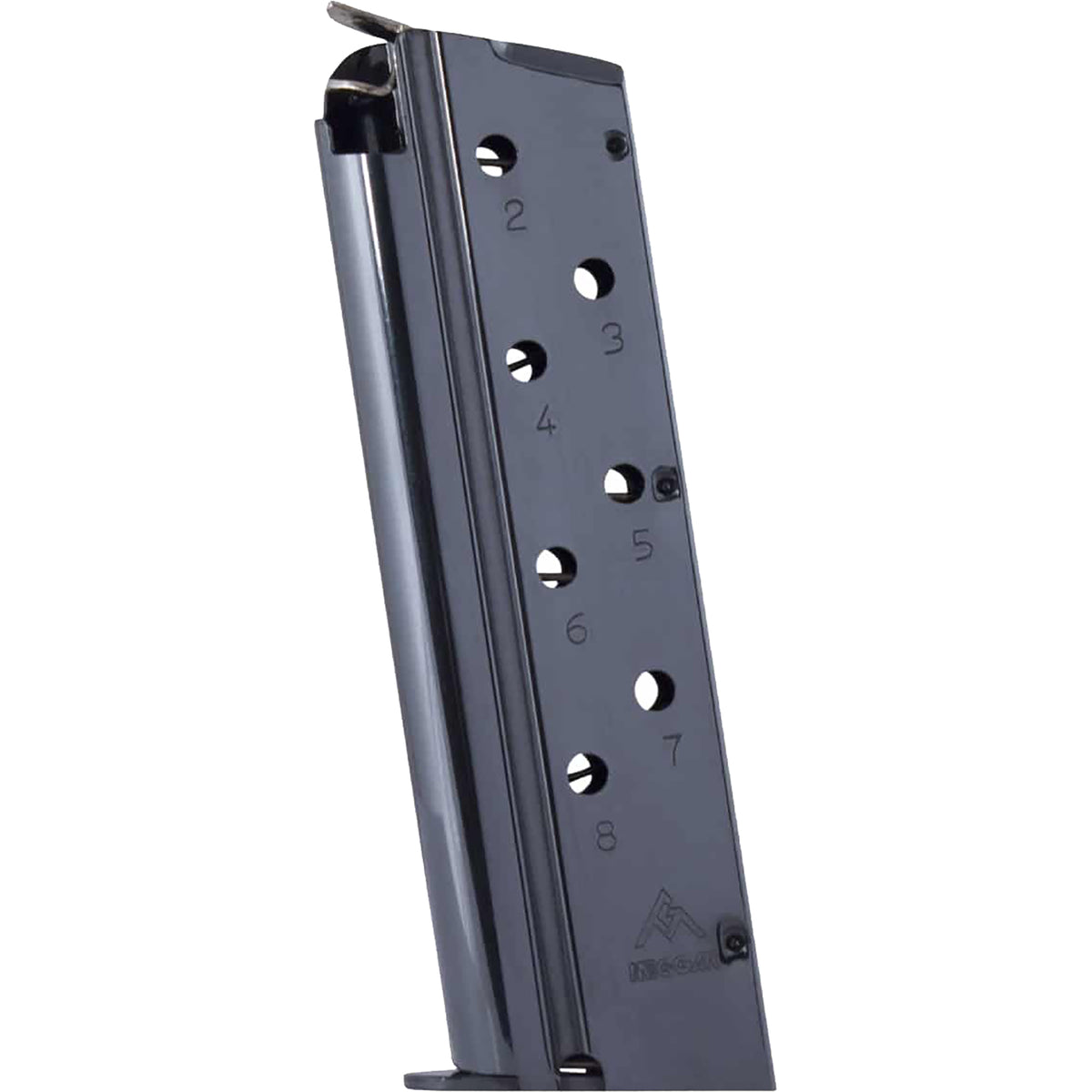A black metal rifle magazine with numbered depth adjustment holes (1 through 8) and a small mountain logo near the bottom, shown on a plain white background.