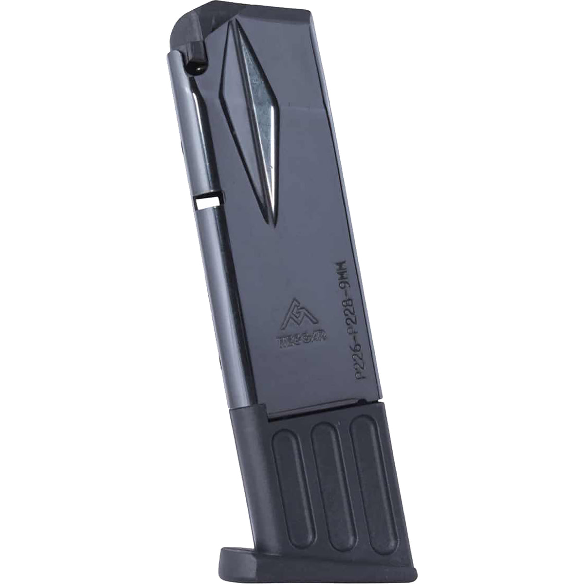 A black polymer 10 round magazine with a textured grip and a triangular cutout near the top, featuring a mountain logo and the text '12/26 +1228-9MM' printed on its side, set against a plain white background.
