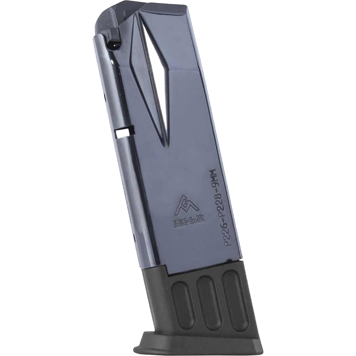 A metallic gray and black polymer magazine, shown standing upright against a solid white background. The magazine features a textured black base and a dark gray body with molded details and printed serial numbers.