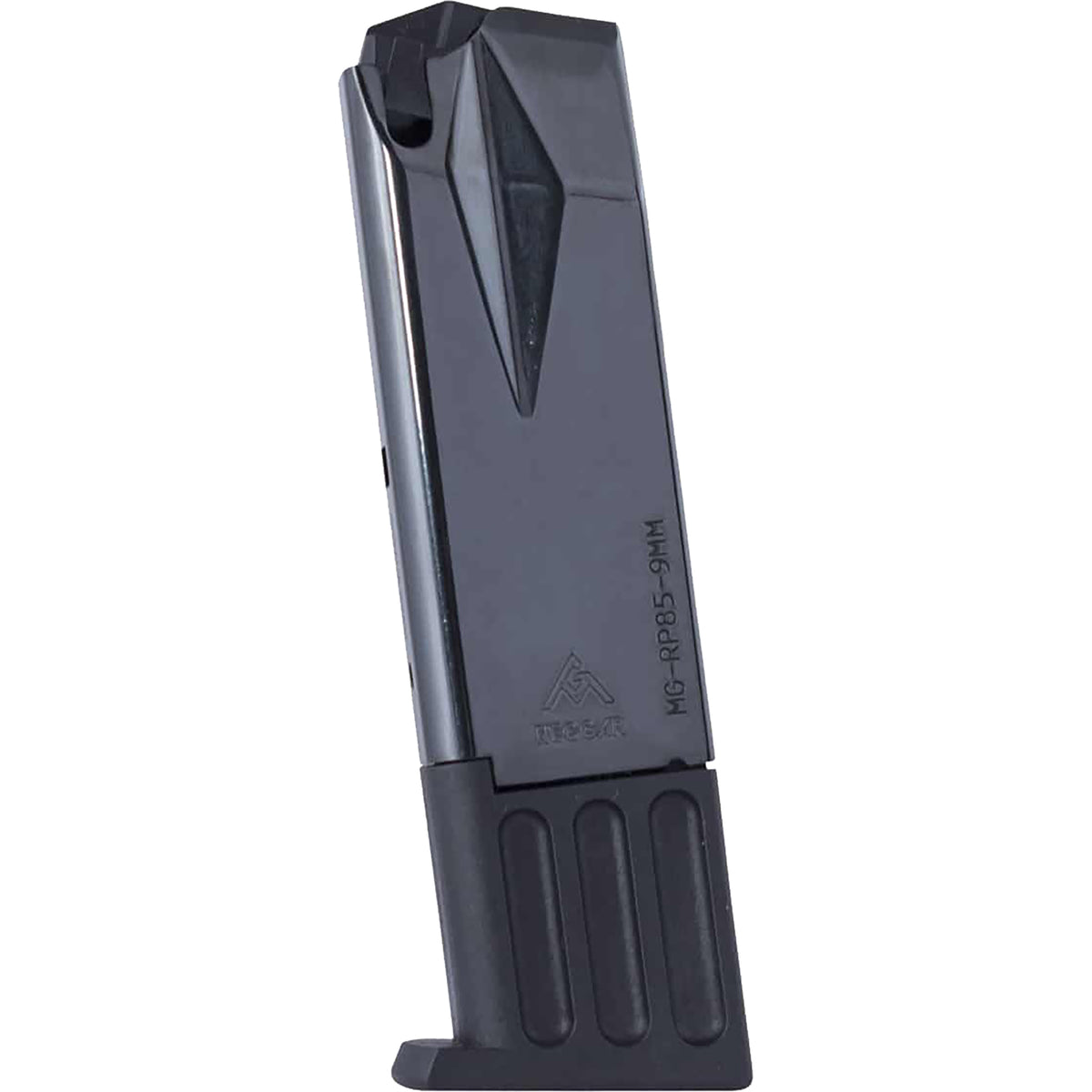 A black plastic pistol magazine with a textured grip base, featuring molded branding and serial numbers, shown on a plain white background.