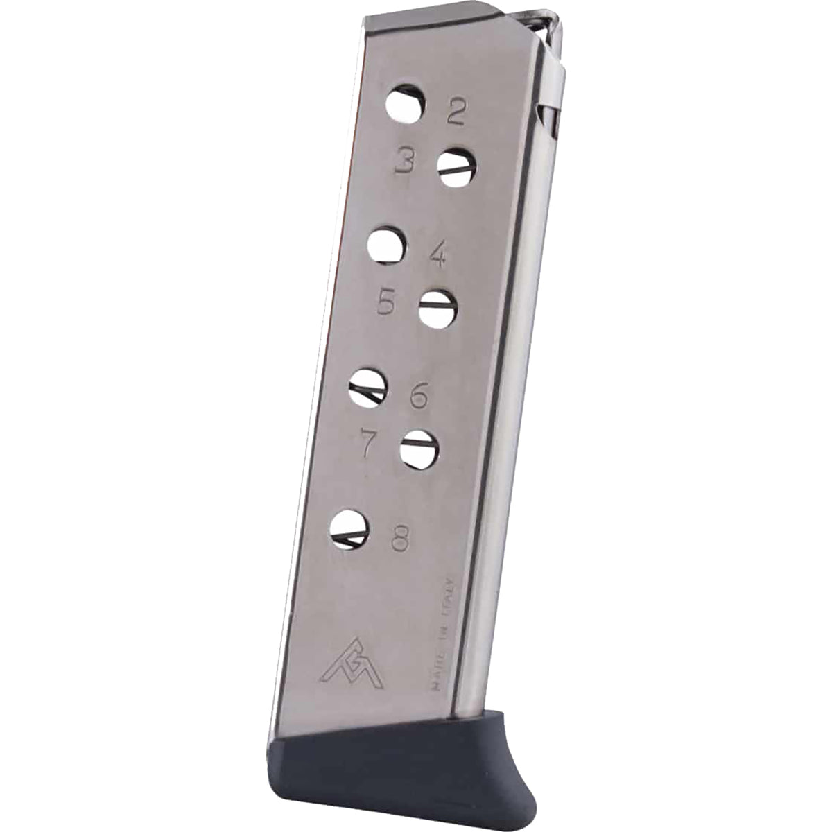 A stainless steel pistol magazine with a black polymer base, shown vertically against a plain white background.