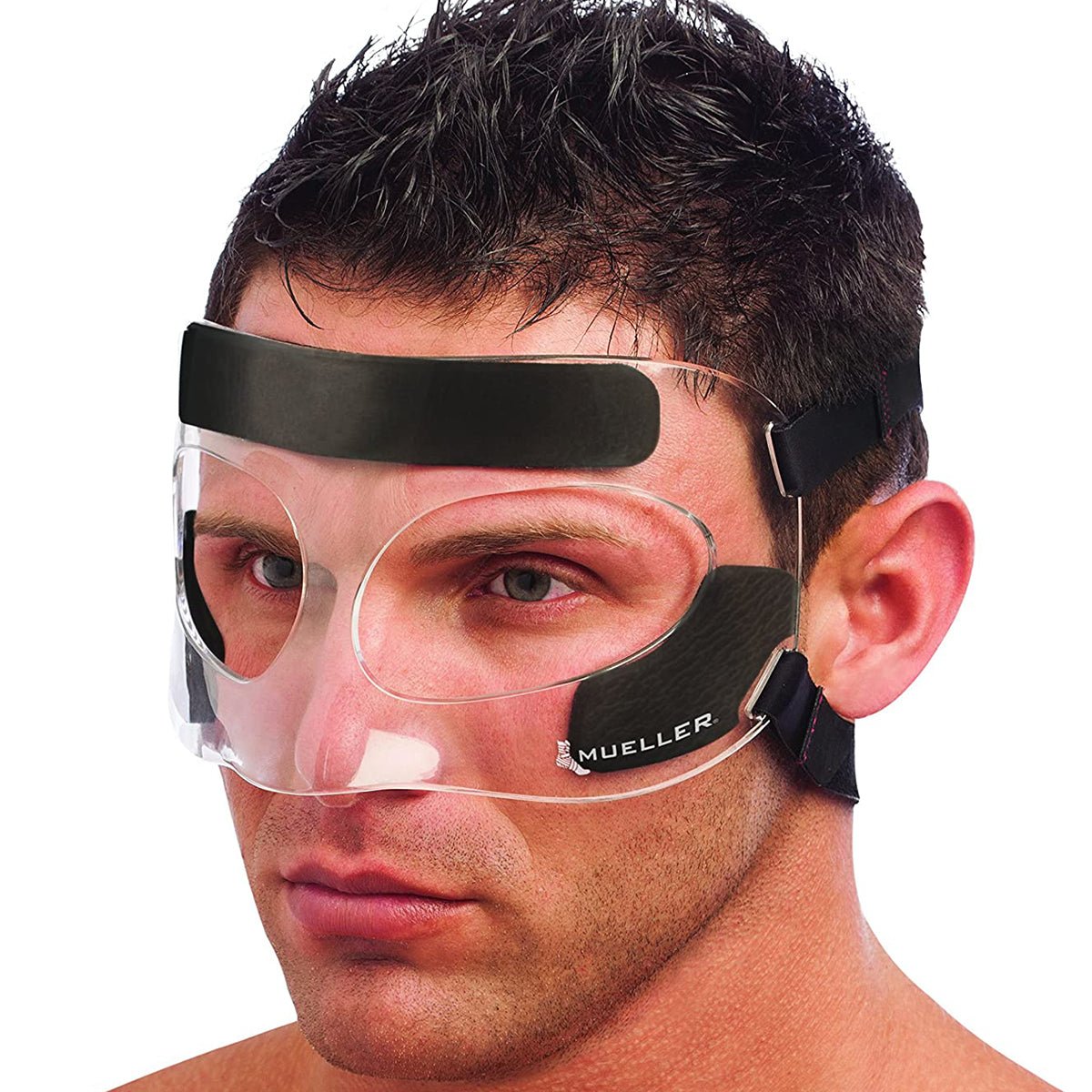 Person wearing a clear sports face guard with black straps on a white background