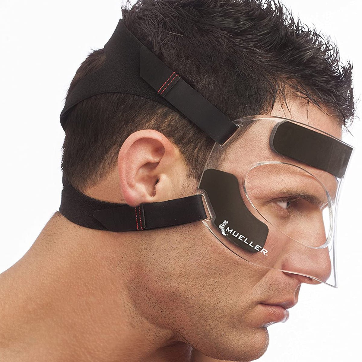 Man wearing a clear sports face guard with black headband on a white background