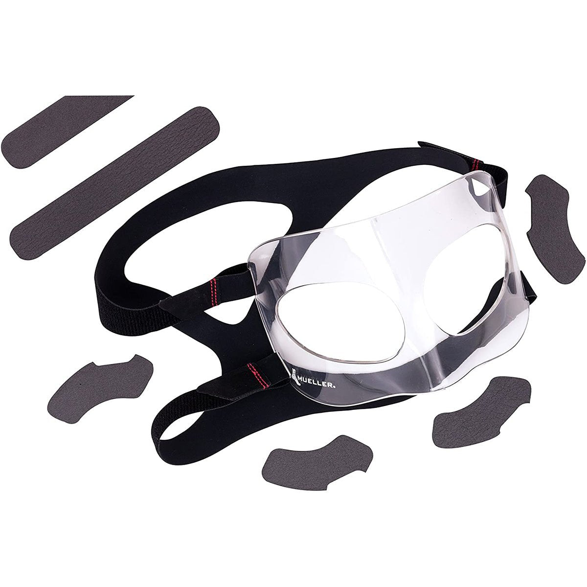Neoprene sports face guard with straps on a white background