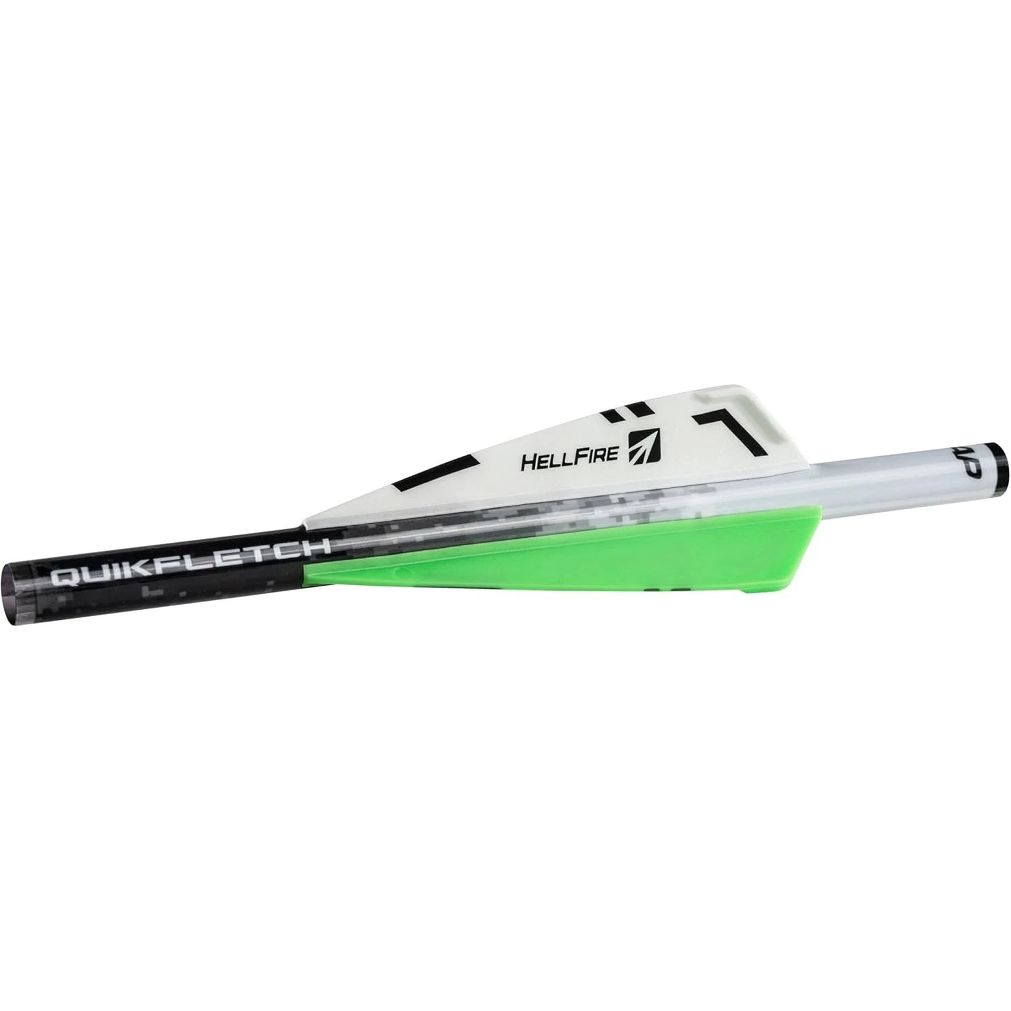 Archery bow with green and black fletching on a white background