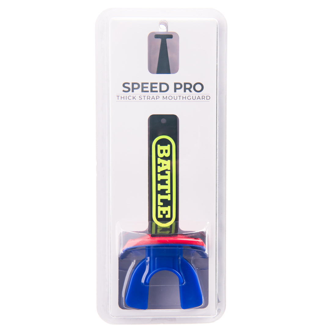 Packaged blue football mouthguard with 'Battle' branding on a white background