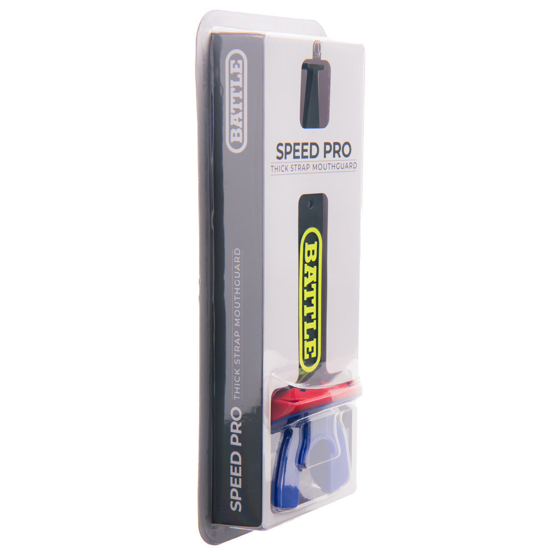 Packaged Battle Speed Pro thick strap football mouthguard on a white background