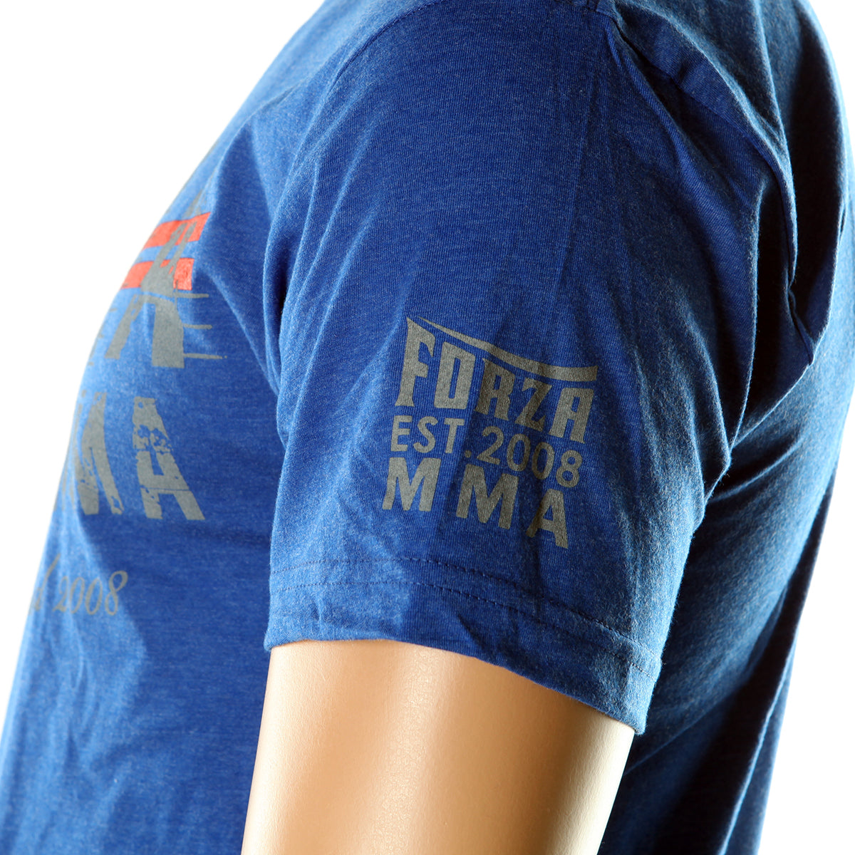 Blue t-shirt with 'FORZA EST. 2008 MMA' text on a white background