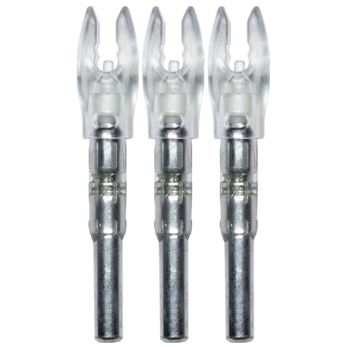 Three metal storbing lighted nocks with clear plastic tips on a white background