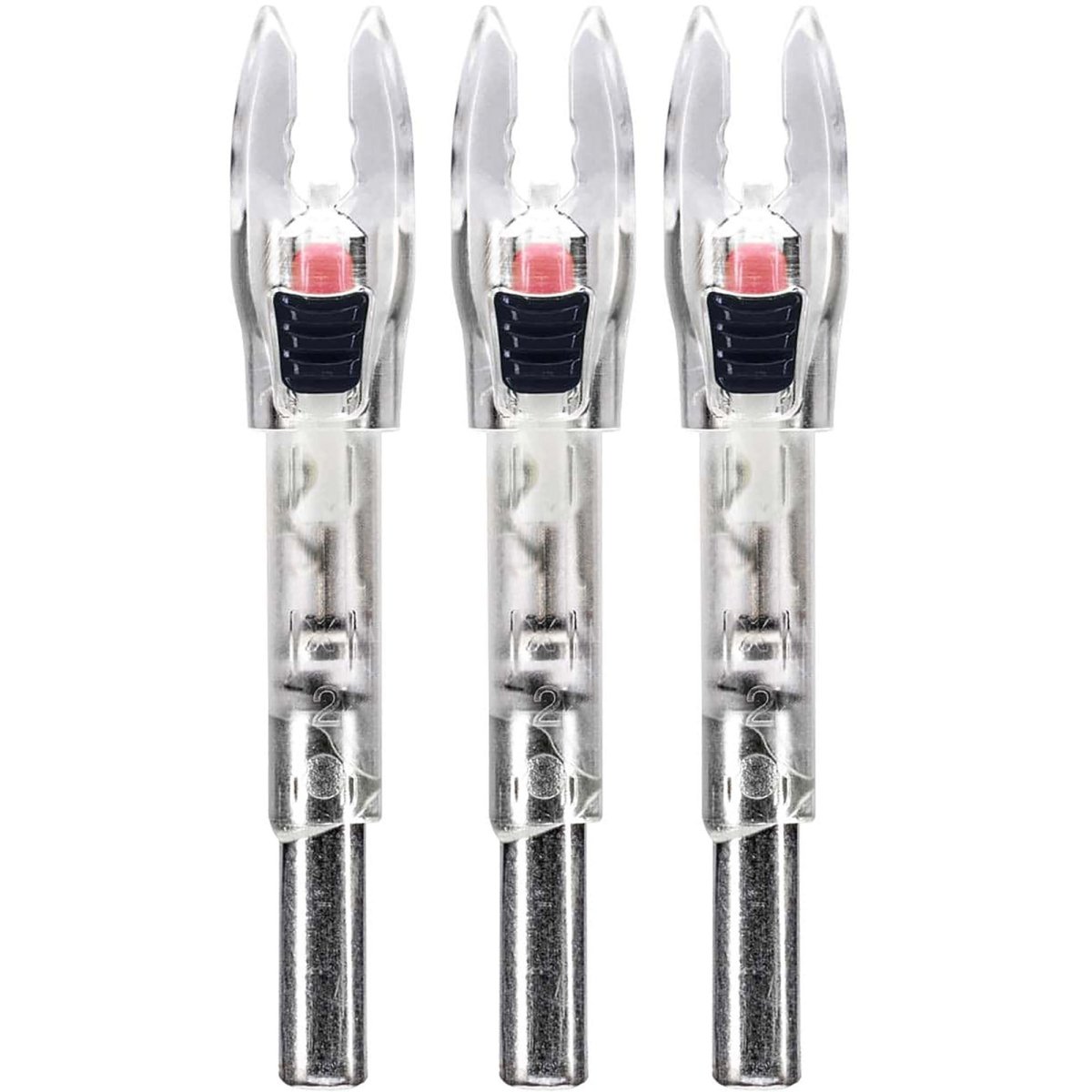 Three clear dart shafts with red lighted nock on a white background