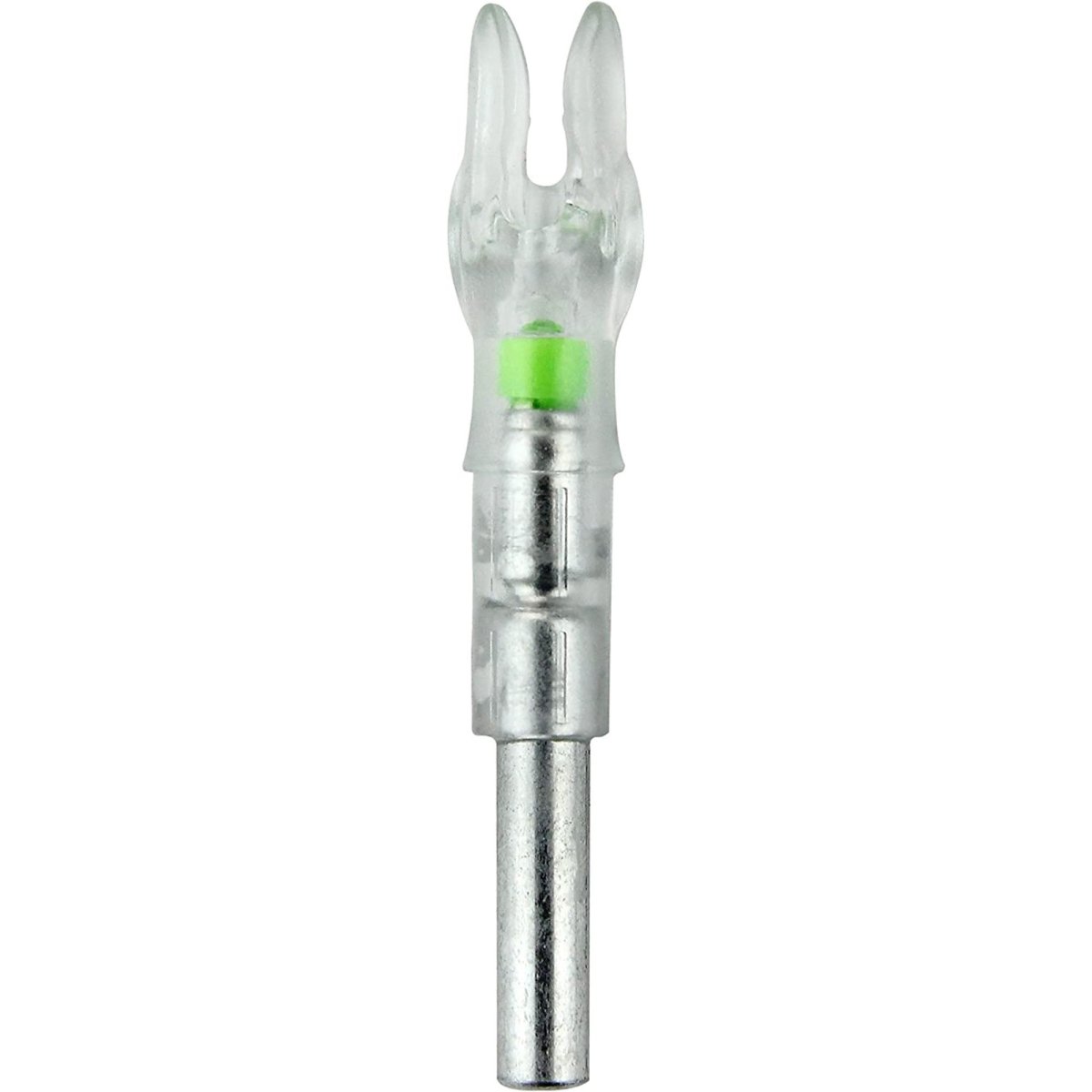 Bow hunting green lighted GT nock with clear plastic cap and green insert on a white background