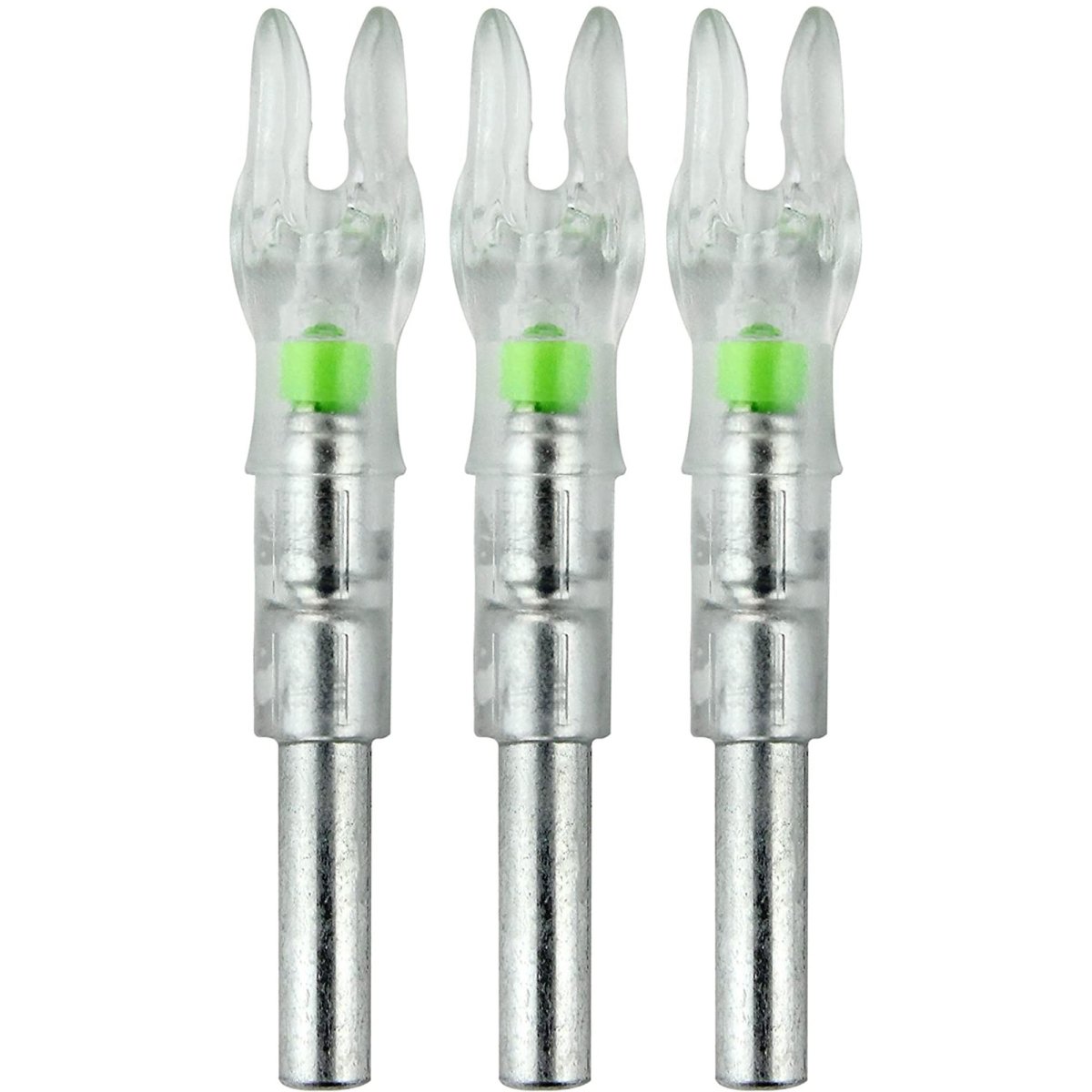 Three metallic archery green lighted GT nock with green tips on a white background