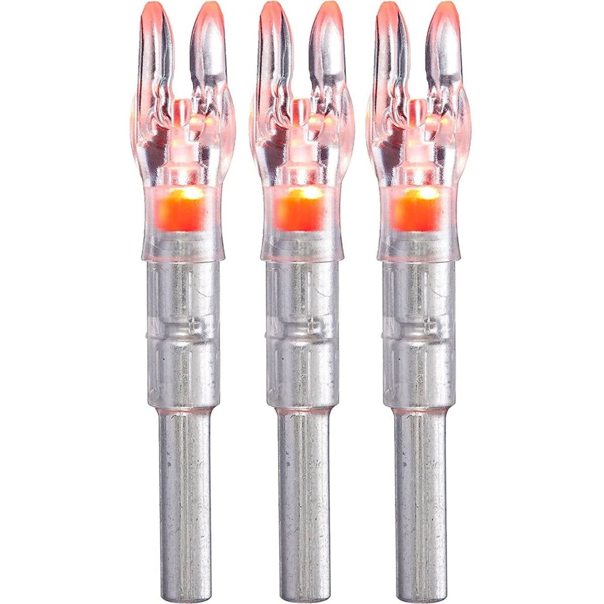 Three clear arrow red lighted S nock with orange tips on a white background