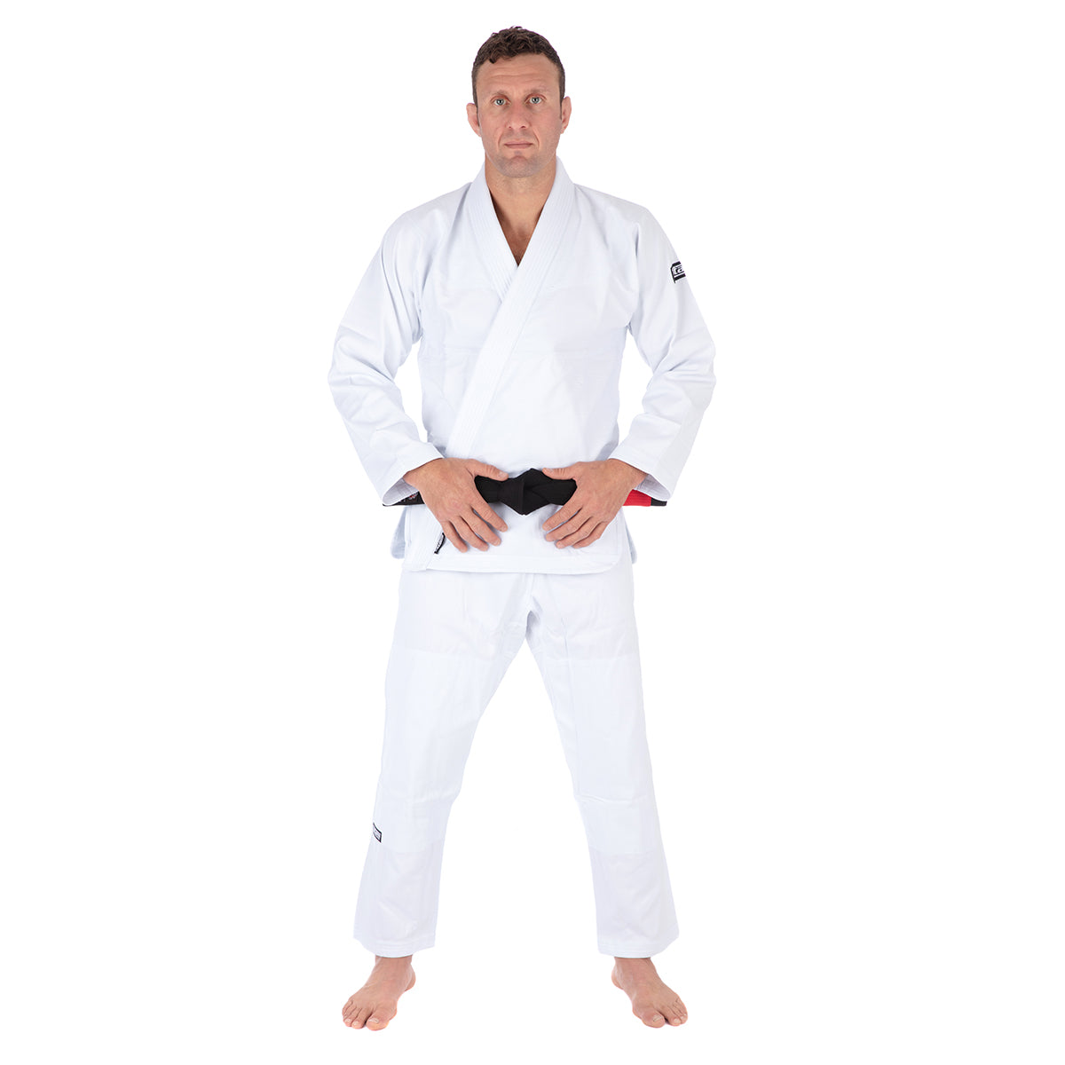 Person wearing a white martial arts uniform on a white background