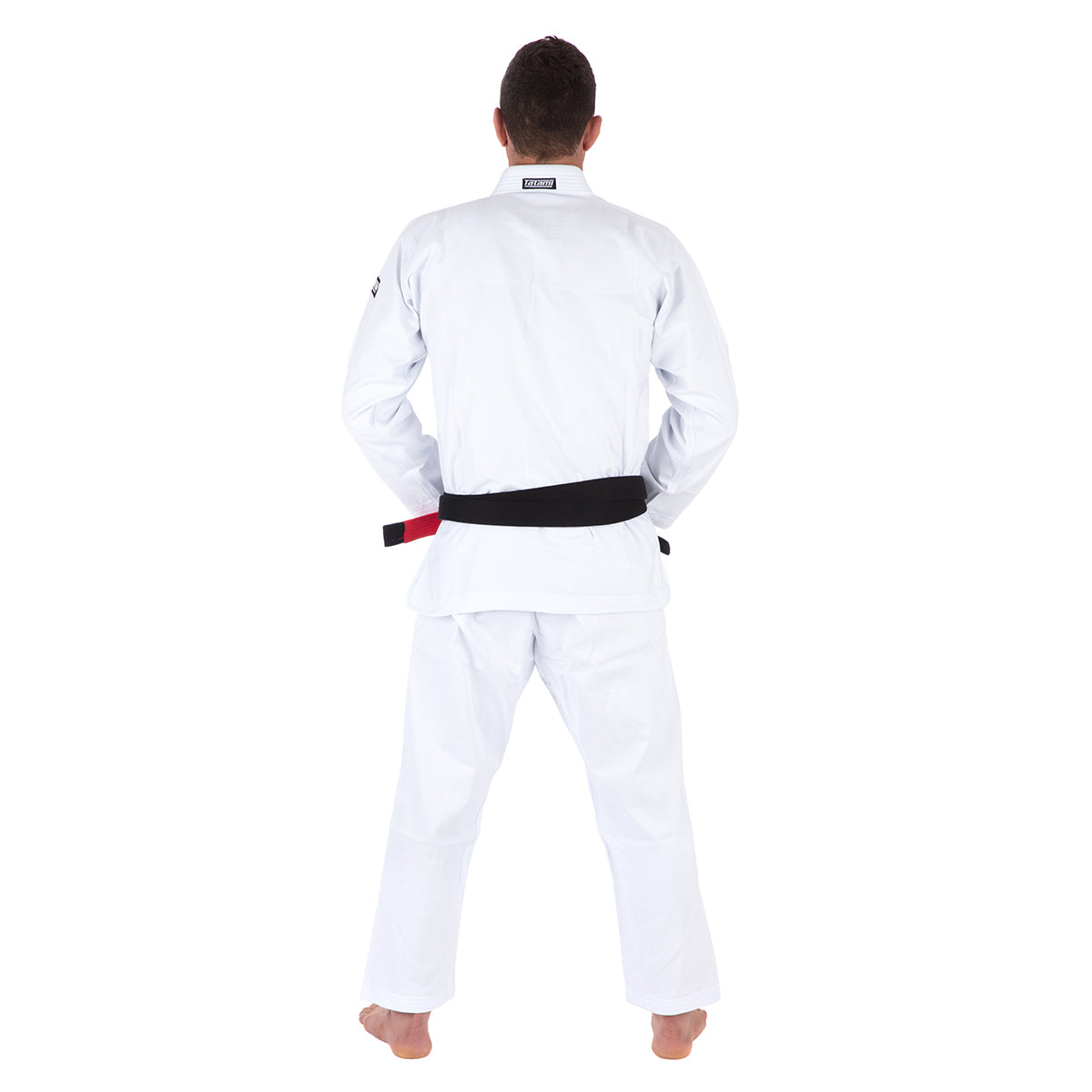 Person wearing a white martial arts uniform with a black belt on a white background