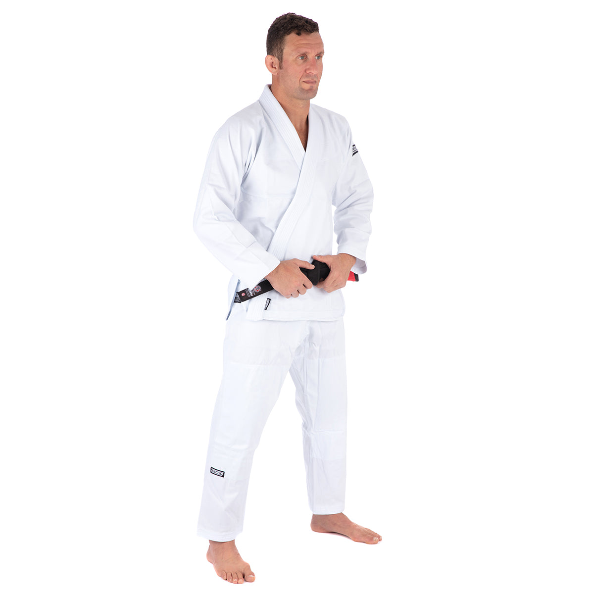 Person wearing a white martial arts uniform on a white background