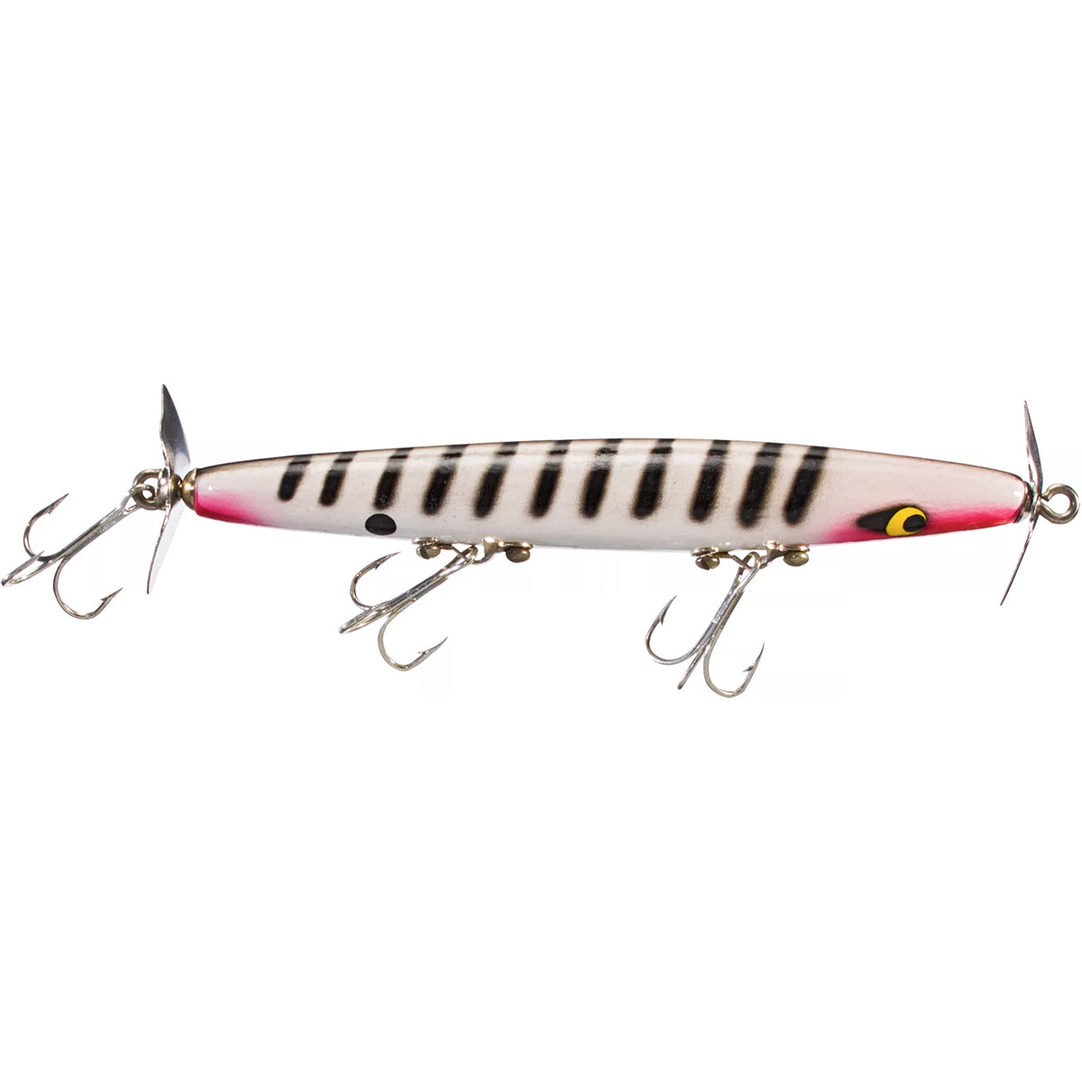 Fishing lure with pink and black striped body on a white background