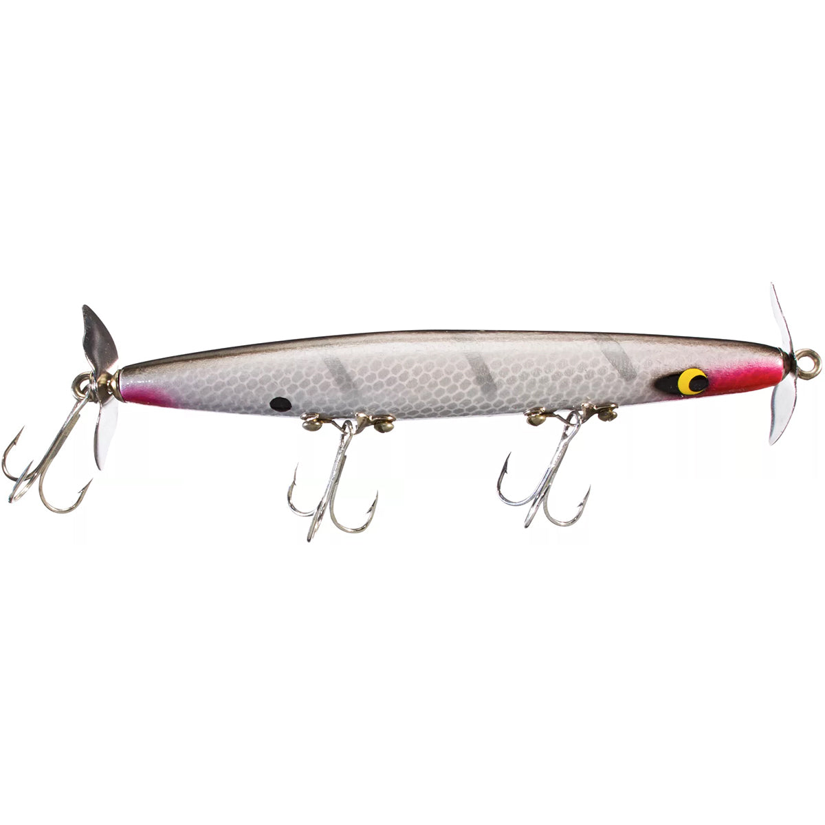 Fishing lure with a white and pink body on a white background