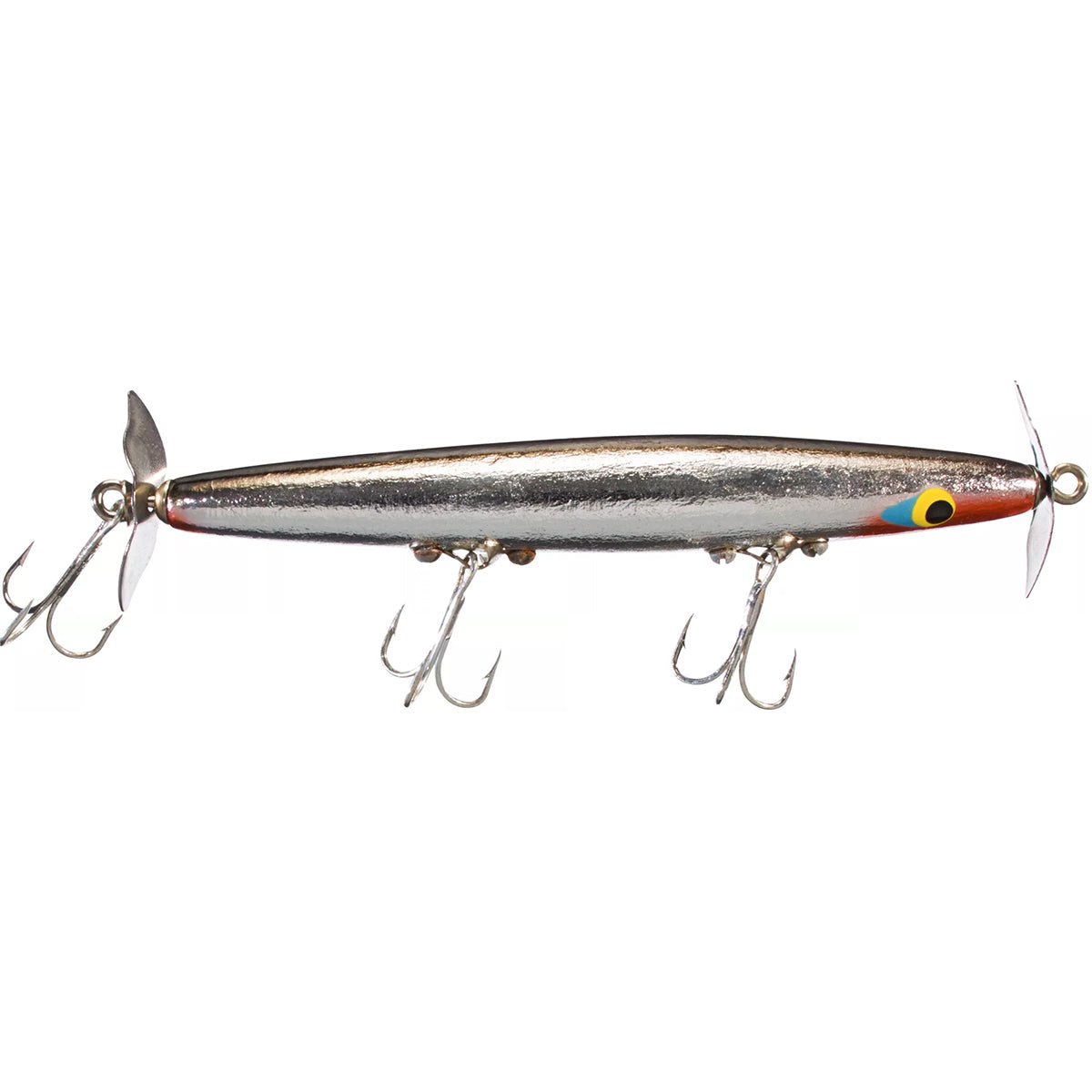 Fishing lure with metallic finish and multiple hooks on a white background