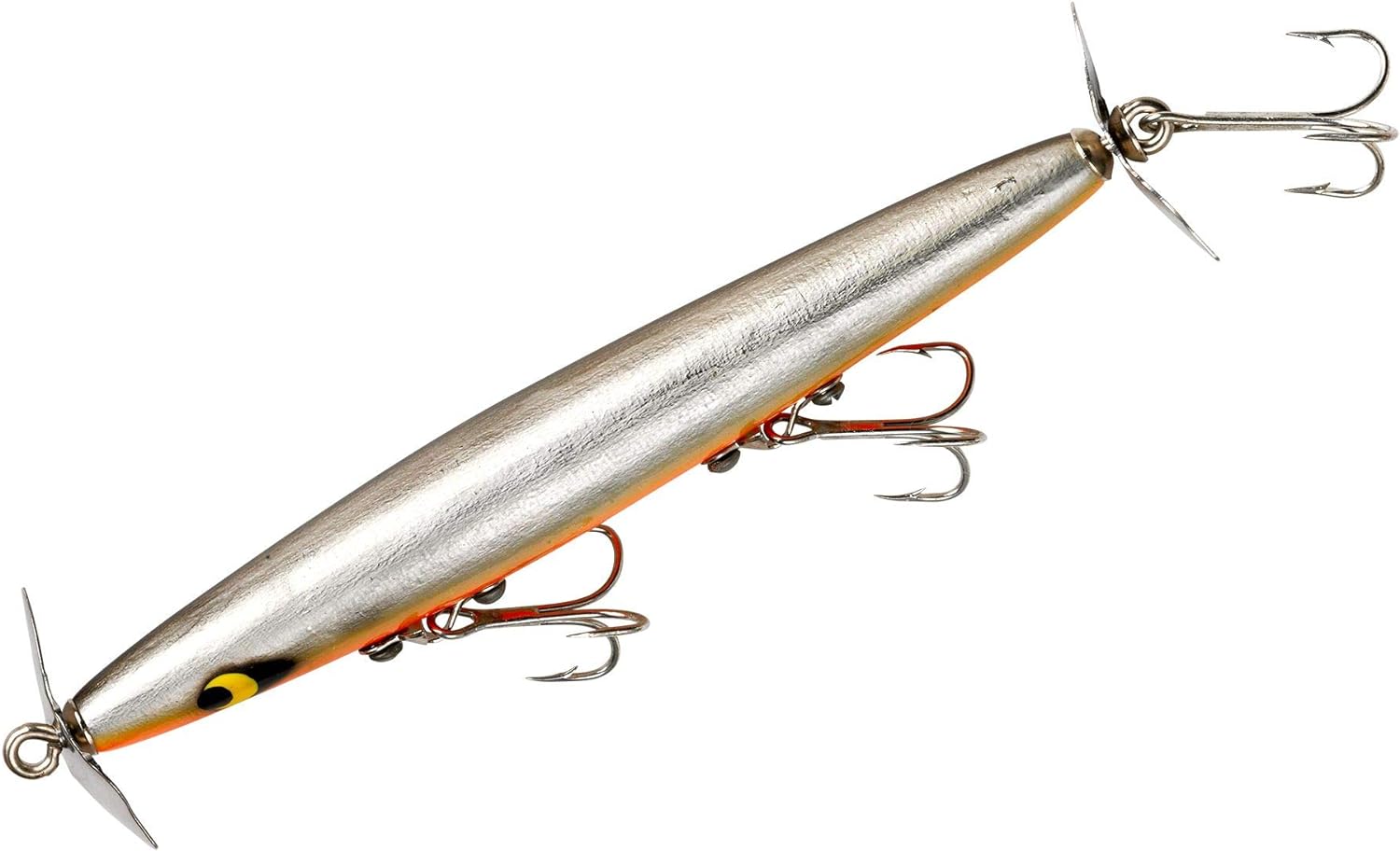 Fishing lure with metallic finish and orange accents on a white background