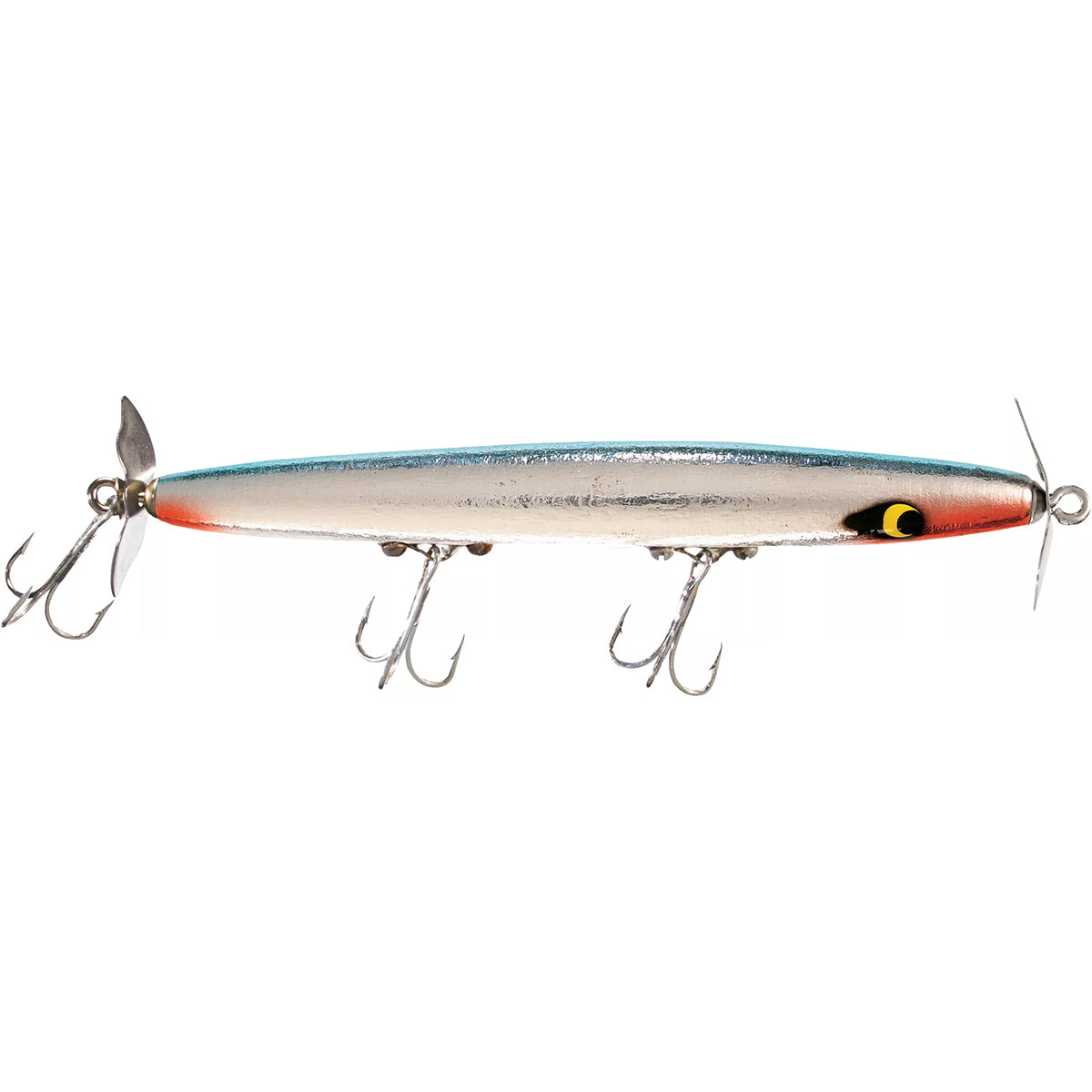 Fishing lure with multiple hooks on a white background