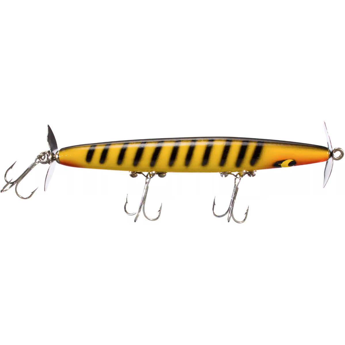 Yellow and black striped fishing lure on a white background