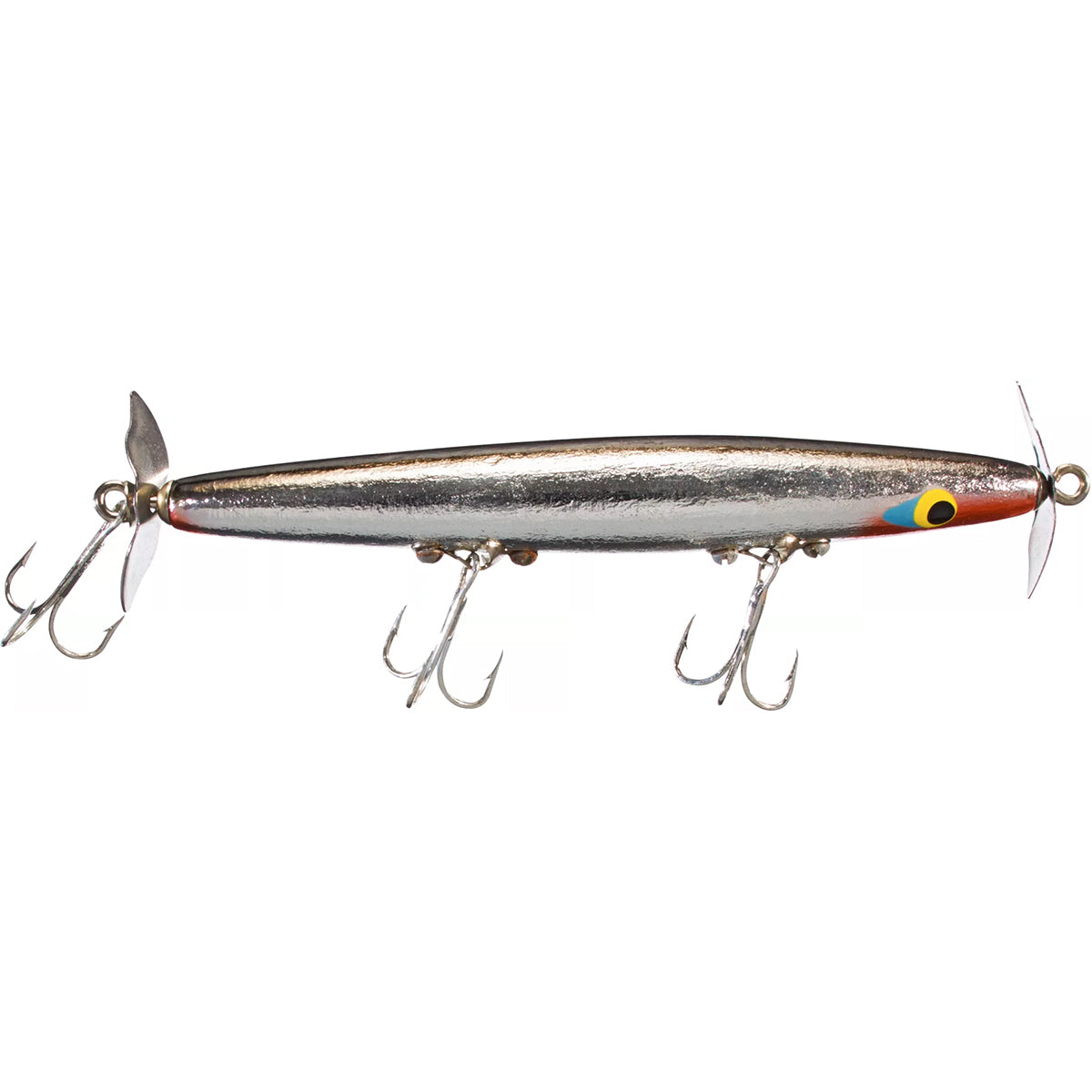 Fishing lure with metallic finish and multiple hooks on a white background